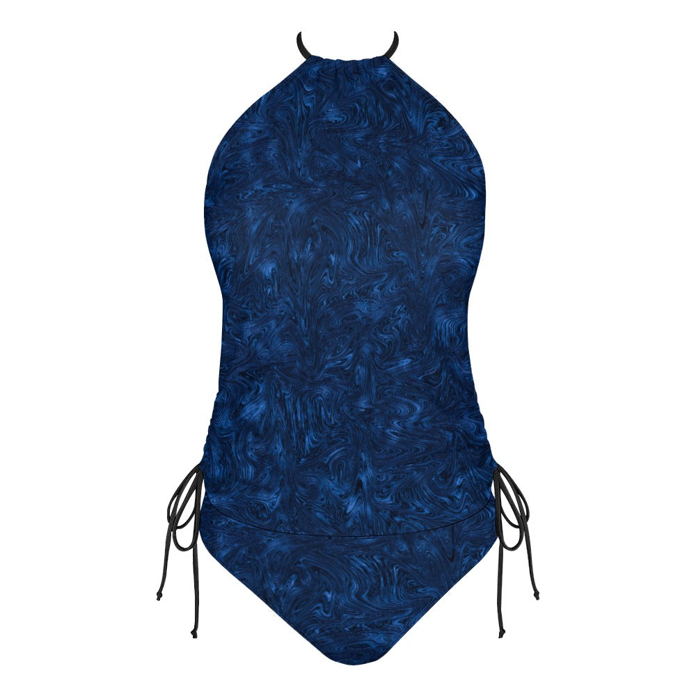 Womens Halter Tankini Swimsuit Set Blue Marble Print High Neck Top with Side Tie Bikini Bottoms