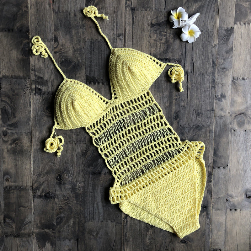 Halter Hand Woven One Piece Swimsuit Beach Hollow Out Cutout Women