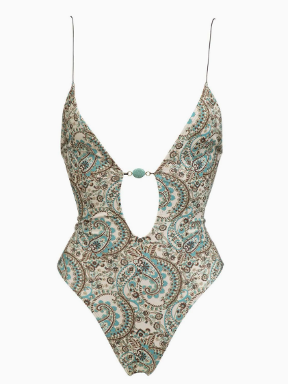 Deep V Plunge One Piece Swimsuit with Printed Lace-Up Back