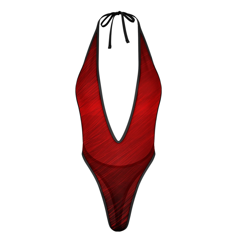 Womens Deep V Plunge Monokini One Piece Swimsuit Red Black Trim High Cut Backless Bathing Suit