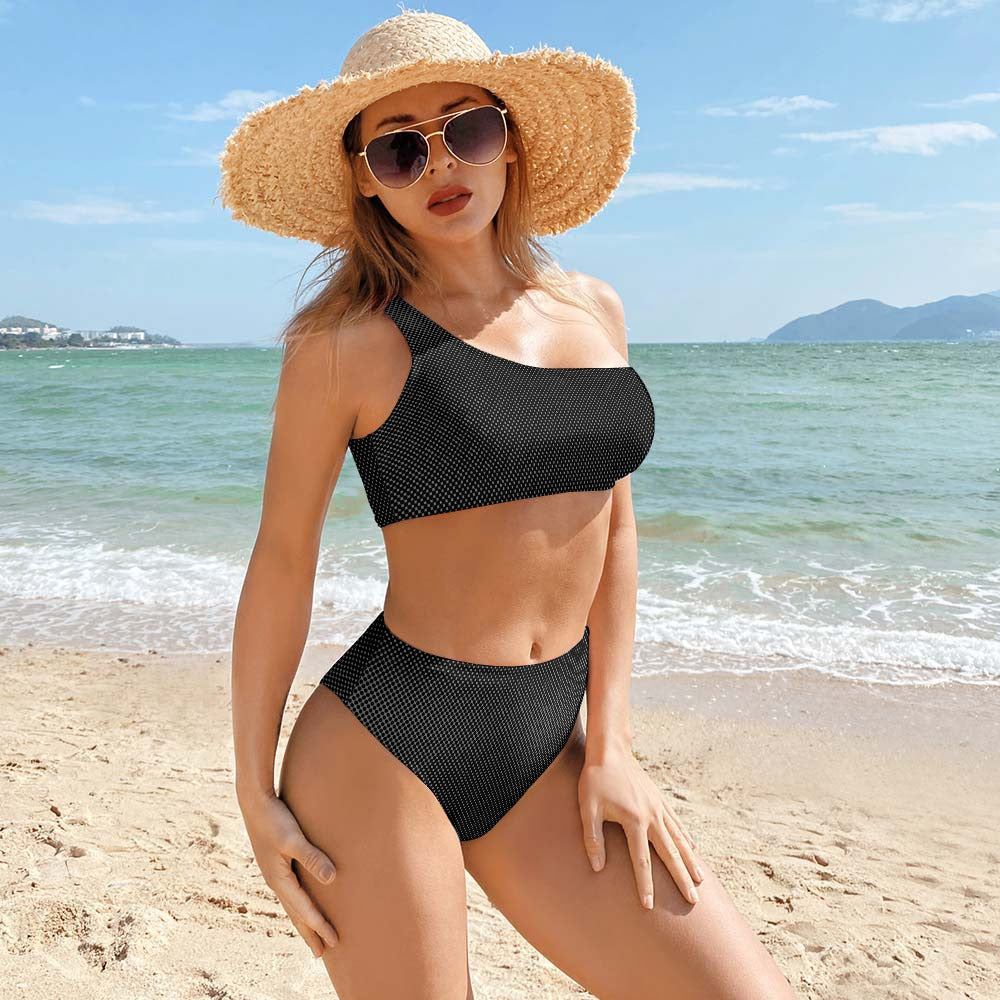 Womens One Shoulder High Waisted Black Textured Bikini Set Beachwear