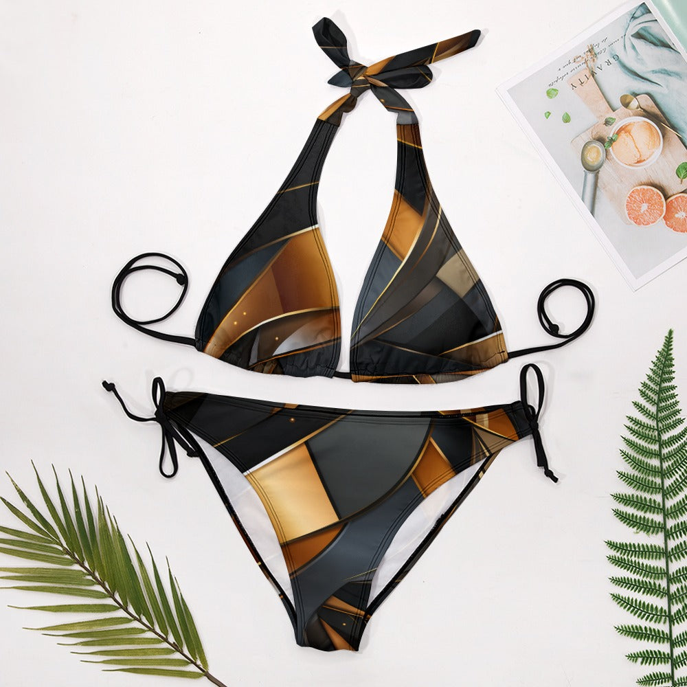 Womens Halter Bikini Set Gold Black Geometric Print Two Piece Tie Side Swimsuit