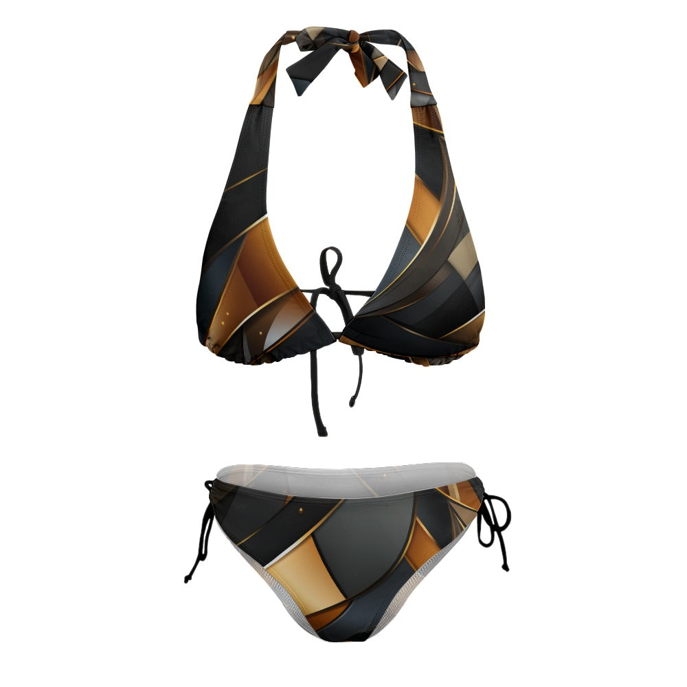 Womens Halter Bikini Set Gold Black Geometric Print Two Piece Tie Side Swimsuit