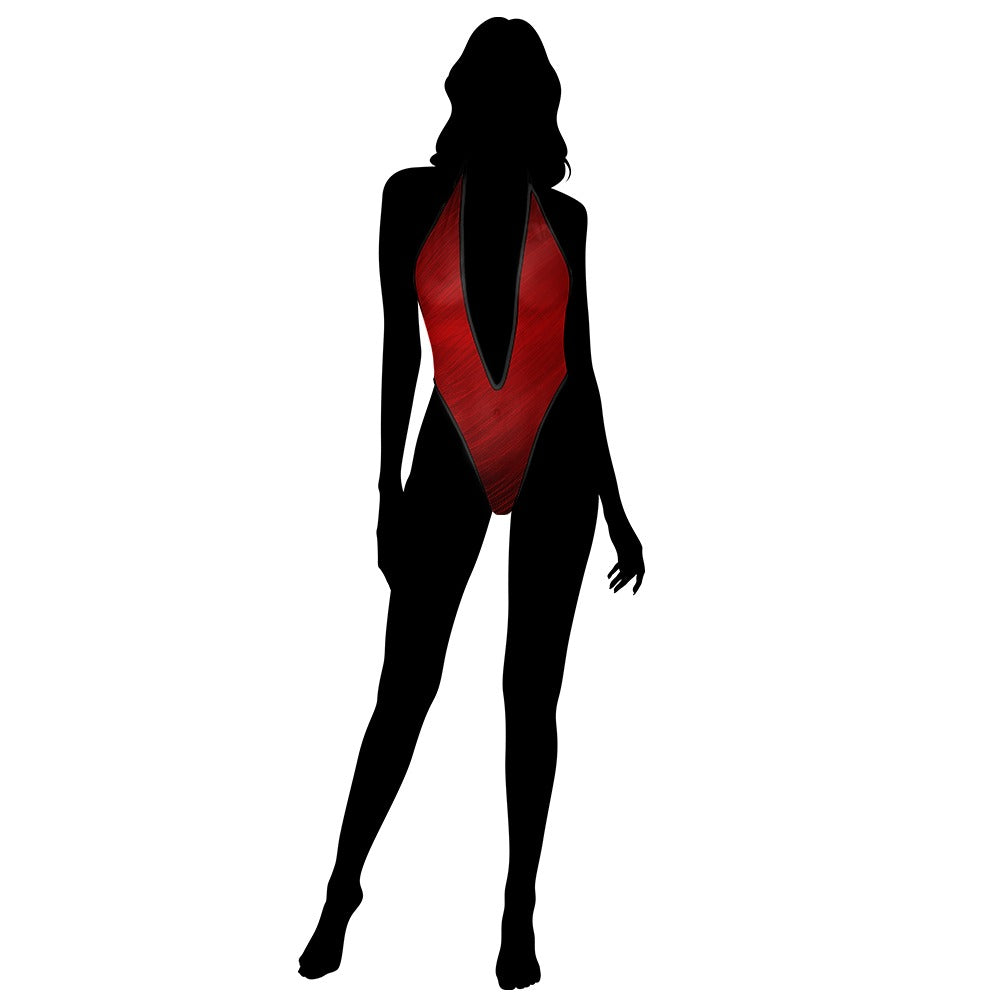 Womens Deep V Plunge Monokini One Piece Swimsuit Red Black Trim High Cut Backless Bathing Suit
