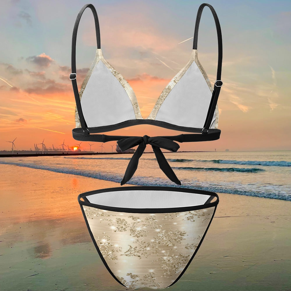 Womens Satin Floral Triangle Bikini Set Elegant Beige Black Trim