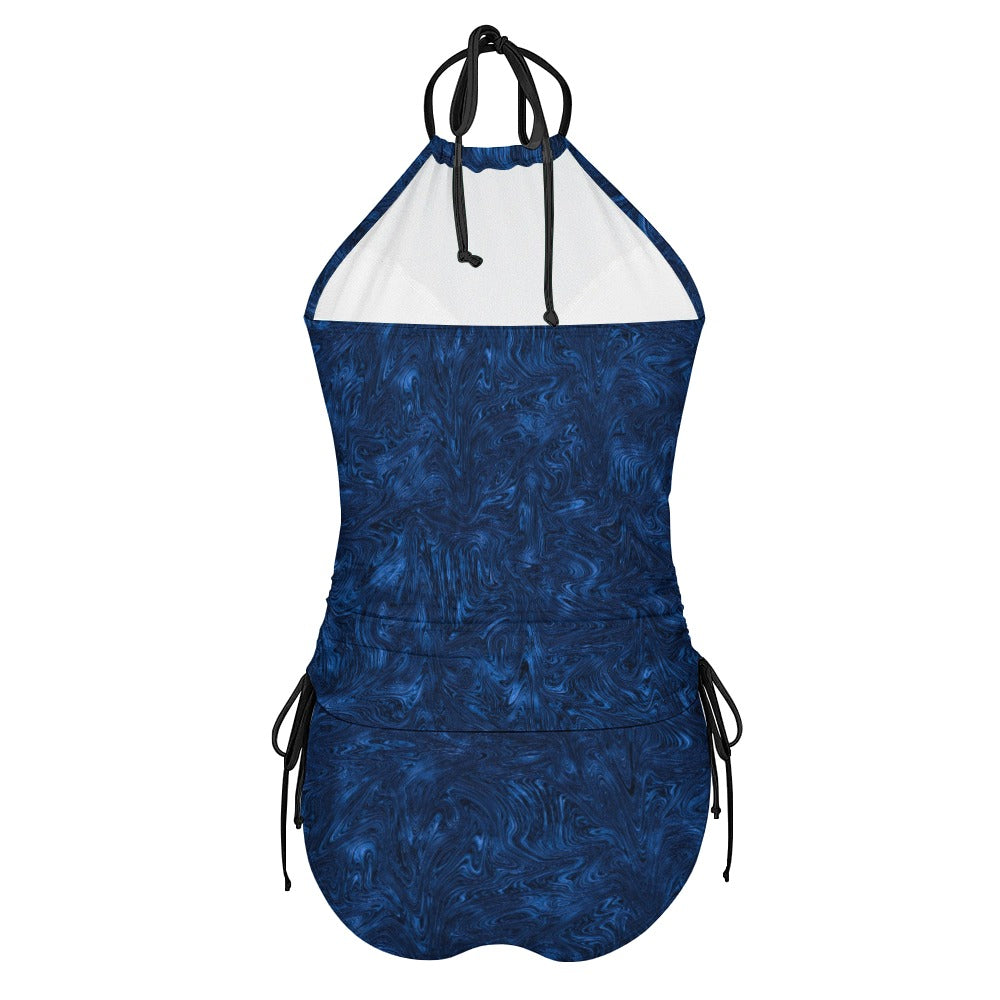 Womens Halter Tankini Swimsuit Set Blue Marble Print High Neck Top with Side Tie Bikini Bottoms