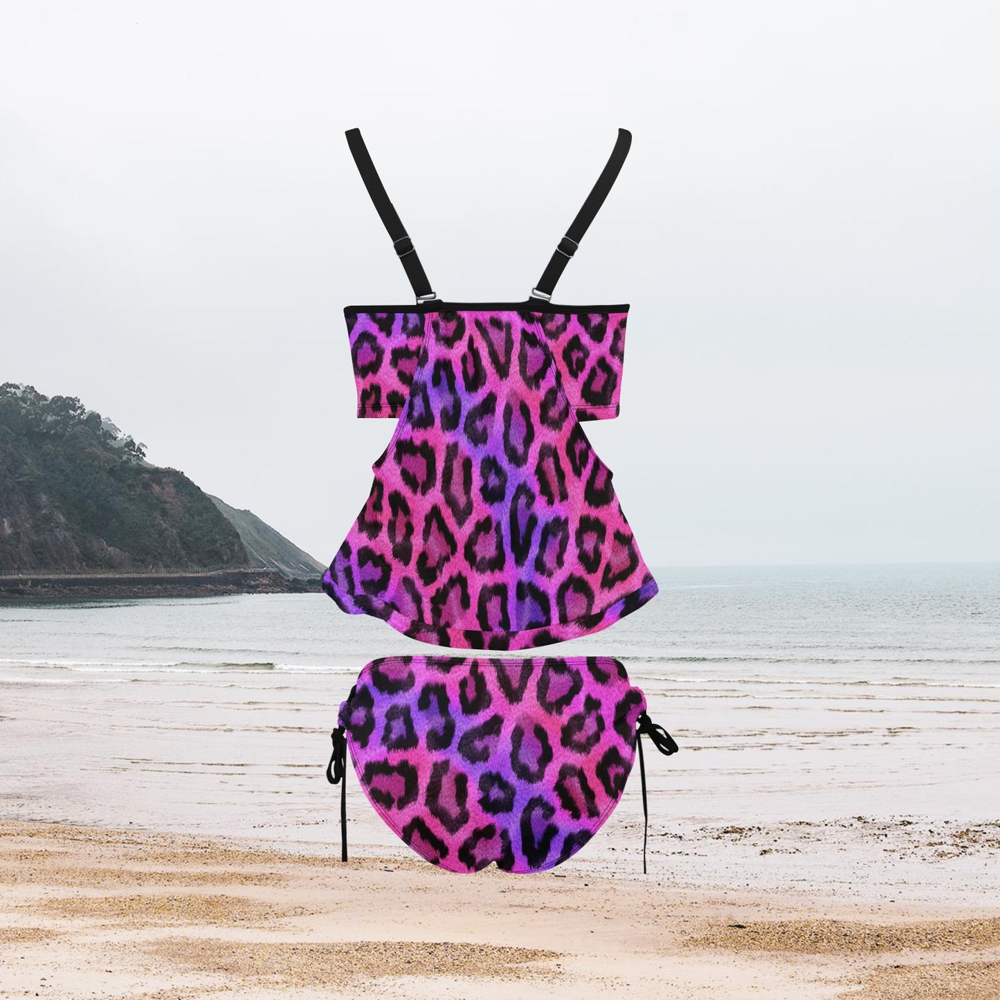 Womens Tankini Swimsuit Set Pink and Purple Leopard Print Scoop Neck Top with Side Tie Bikini Bottoms
