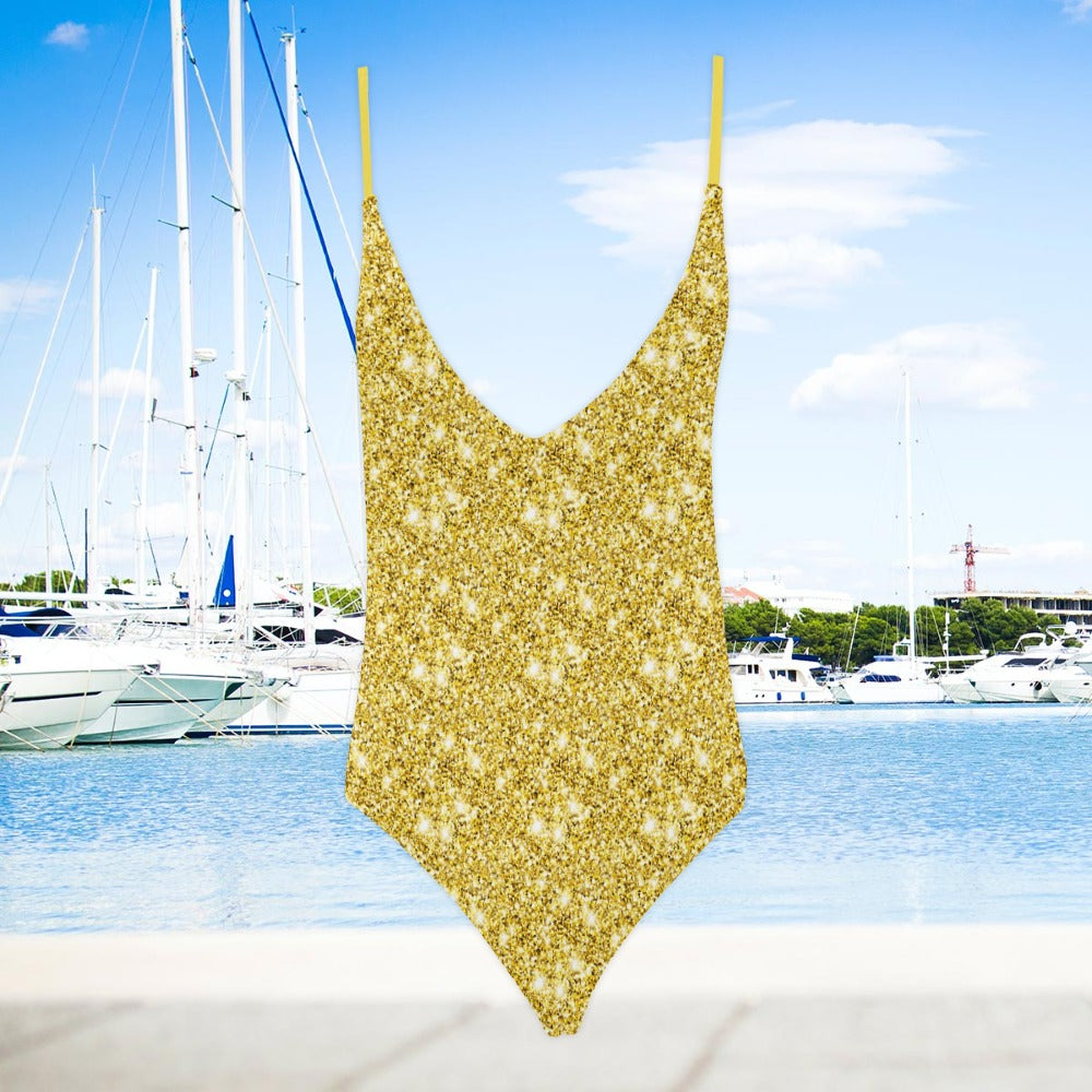 Womens Deep V One Piece Swimsuit Gold and White Sparkle Print Bathing Suit