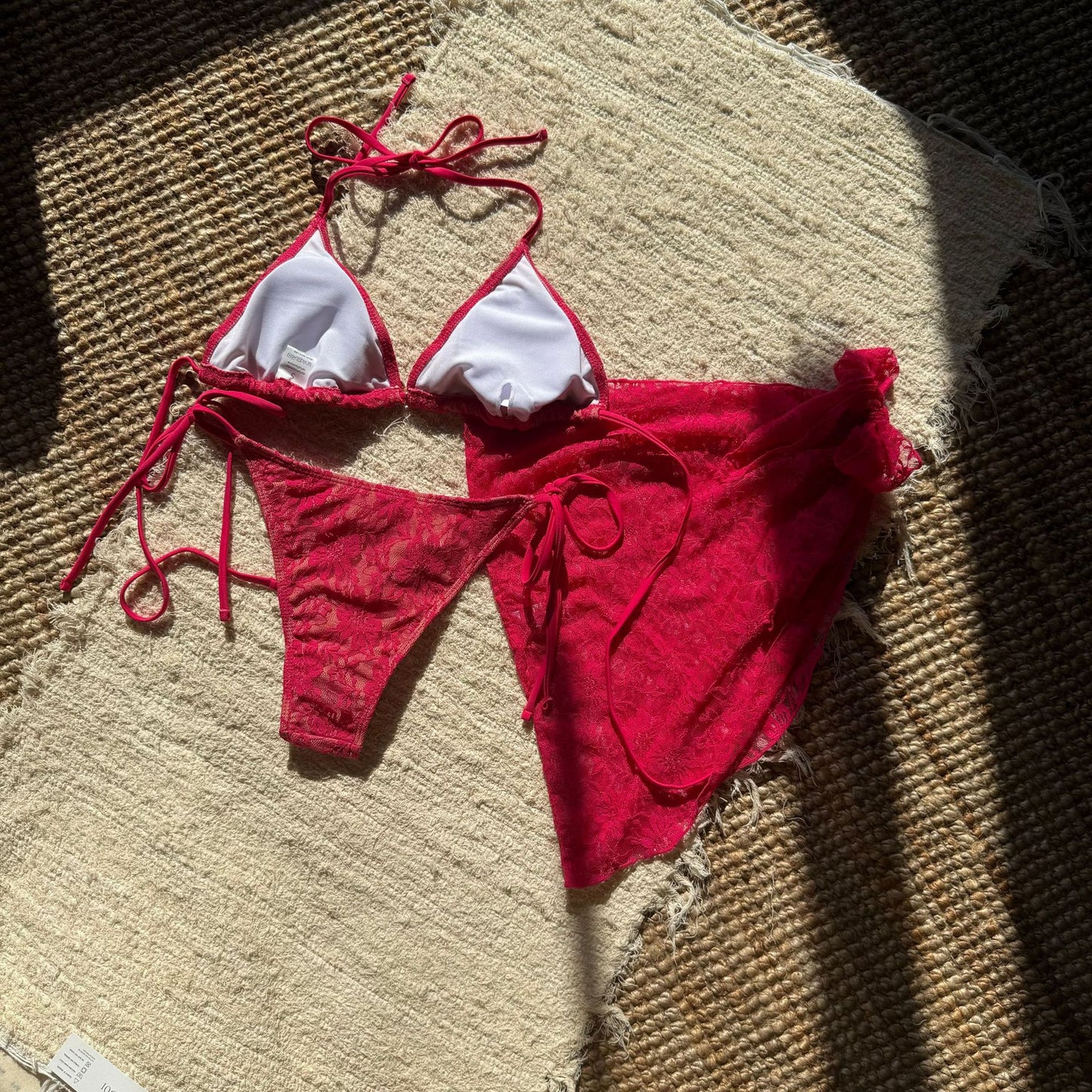 Lace Mesh Three Piece Swimsuit Bikini Set with Skirt Cover
