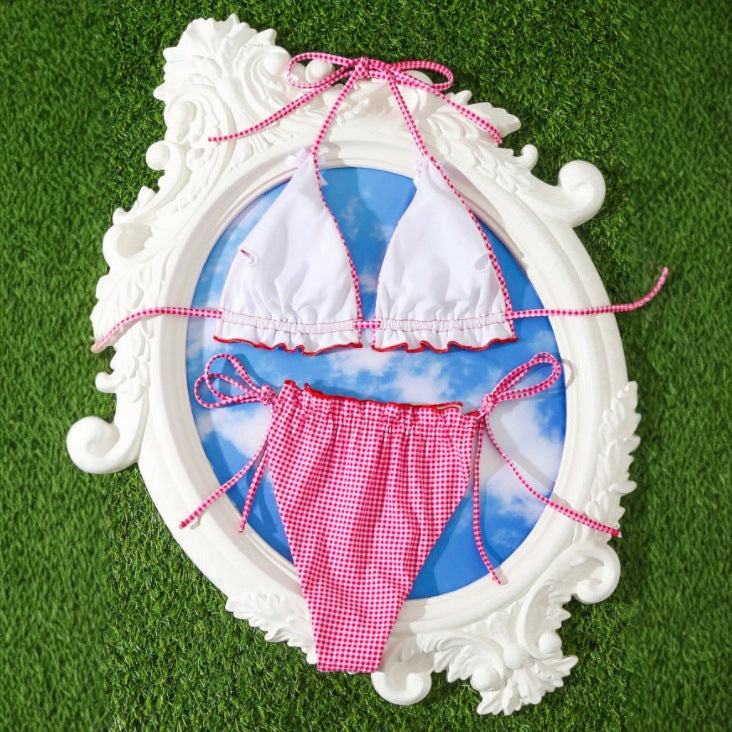 Floral Plaid Bikini Set with Bow Detail Split Swimsuit Women