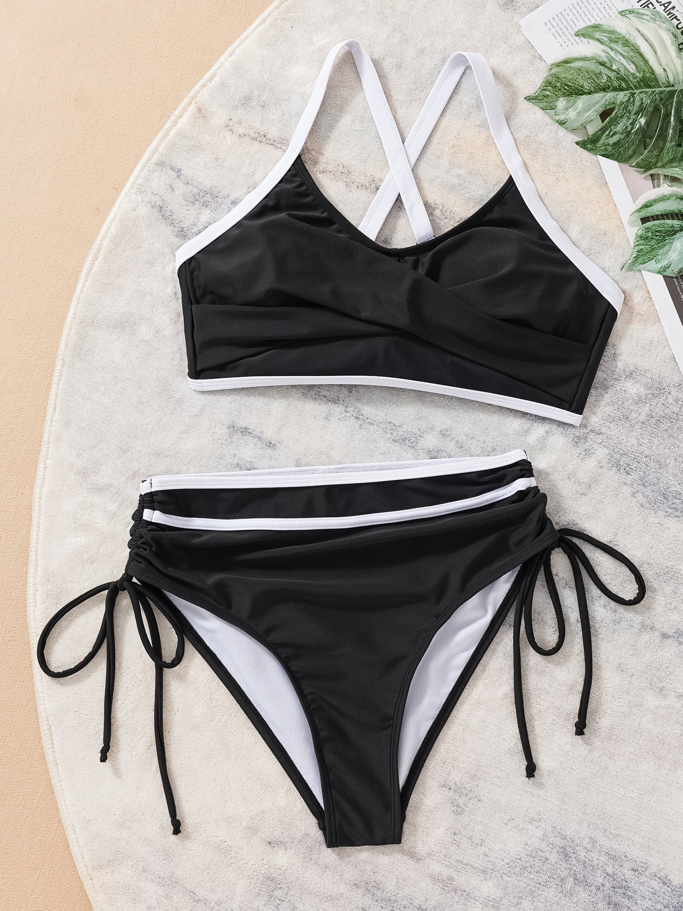 Color Block Lace Up Drawstring High Waist Split Bikini Swimsuit