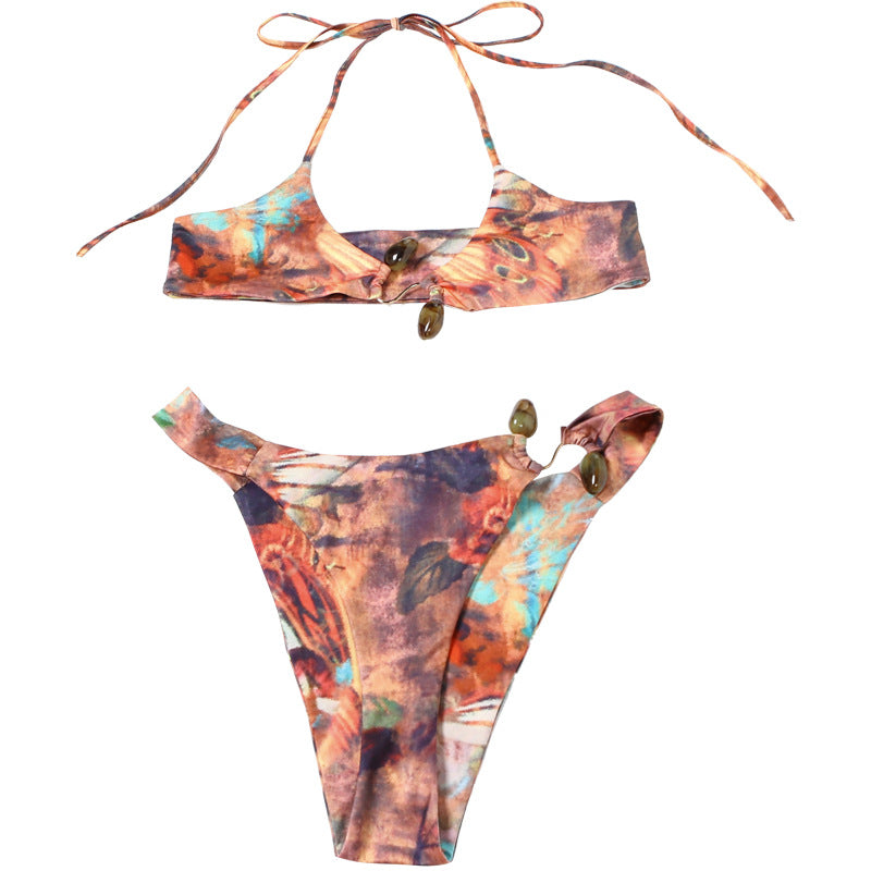 Spring Summer Women Color Contrast Cropped Halter Bikini Set