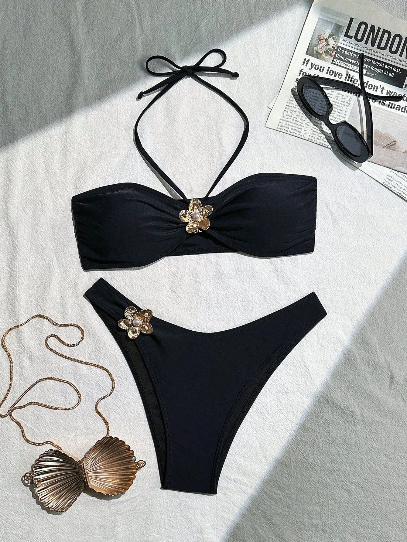 Solid Color Split Swimsuit Summer Halter Strap Bikini for Women