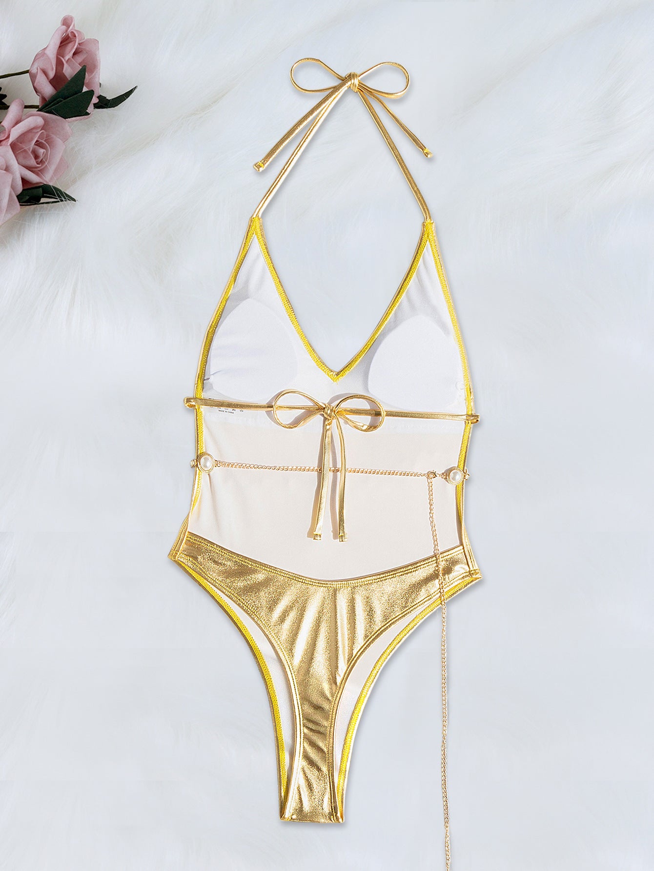 Bronzing One Piece Swimsuit with Belt and Waist Chain Detail