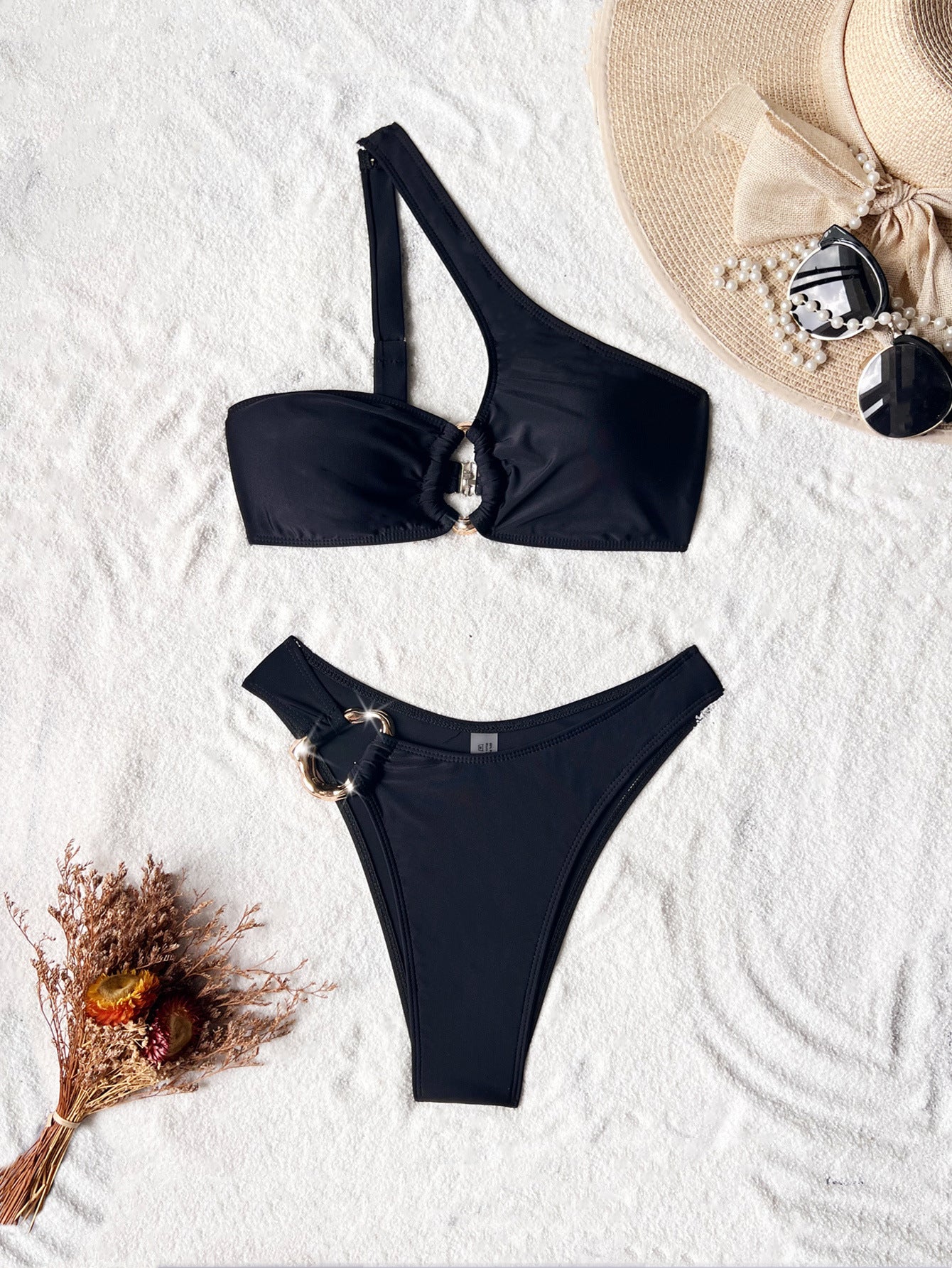 One Shoulder Backless Solid Color Double Bikini Swimsuit Women