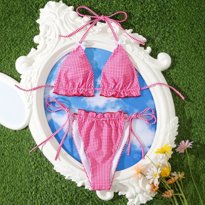 Floral Plaid Bikini Set with Bow Detail Split Swimsuit Women