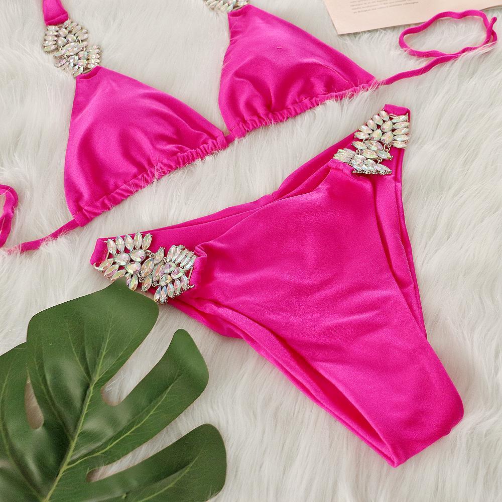 Solid Color Metal Diamond Bandage Split Bikini Swimsuit