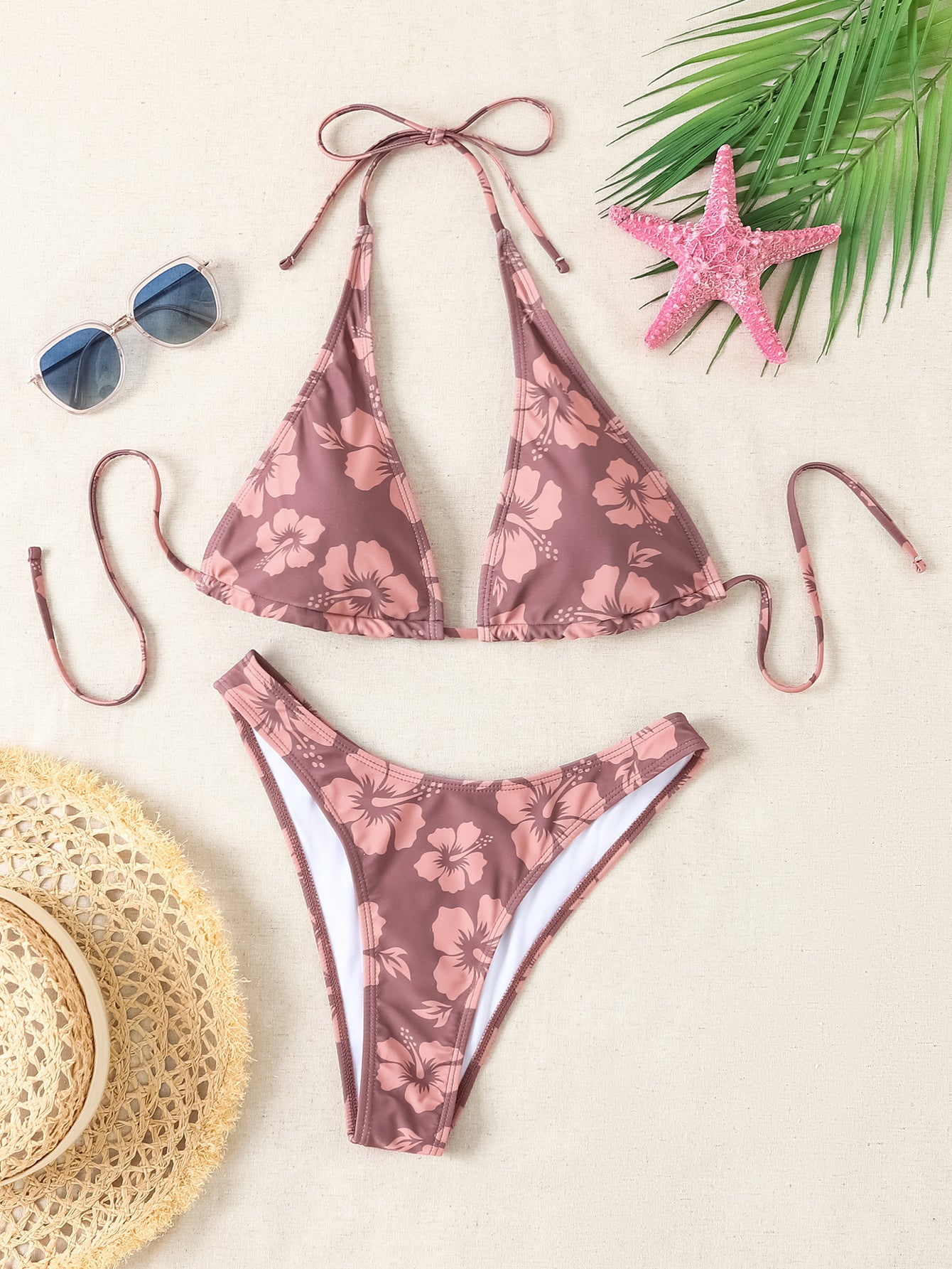 Triangle Cup Print Low Waist Split Bikini Swimsuit for Women
