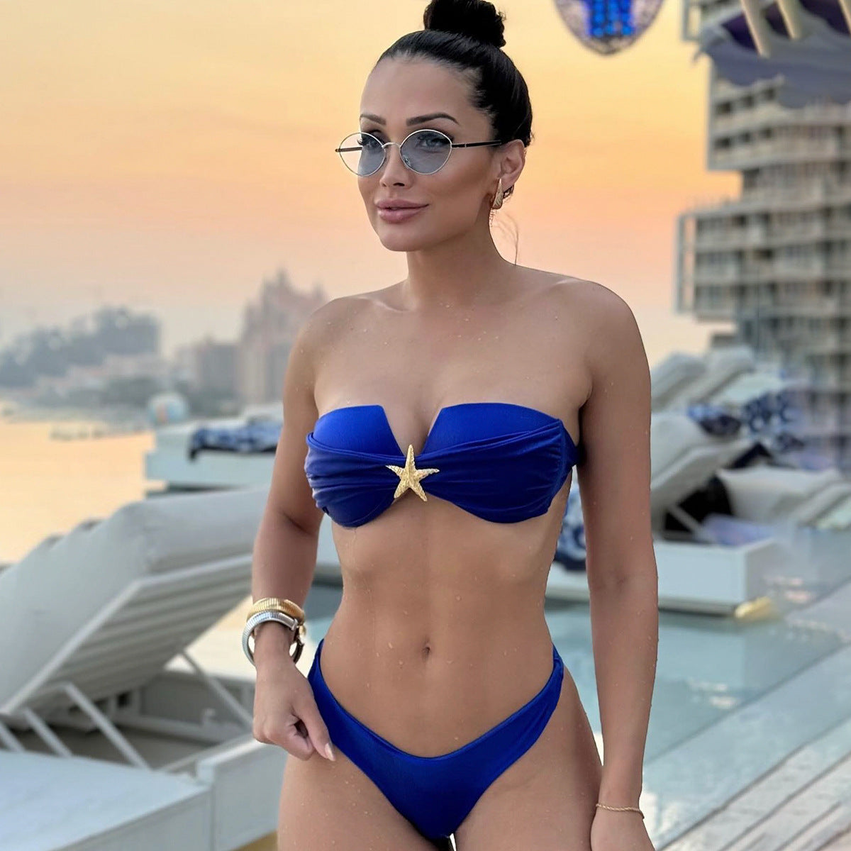 Women’s Tube Top Stitching Split Bikini Swimsuit Set