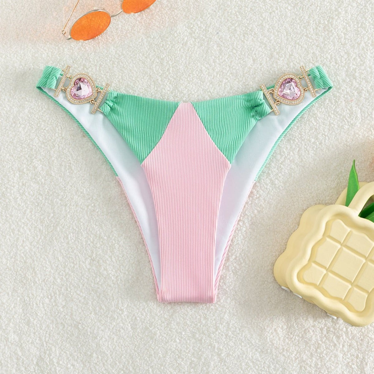 Color Match Lace-Up Stripe High Waist Bikini Split Set