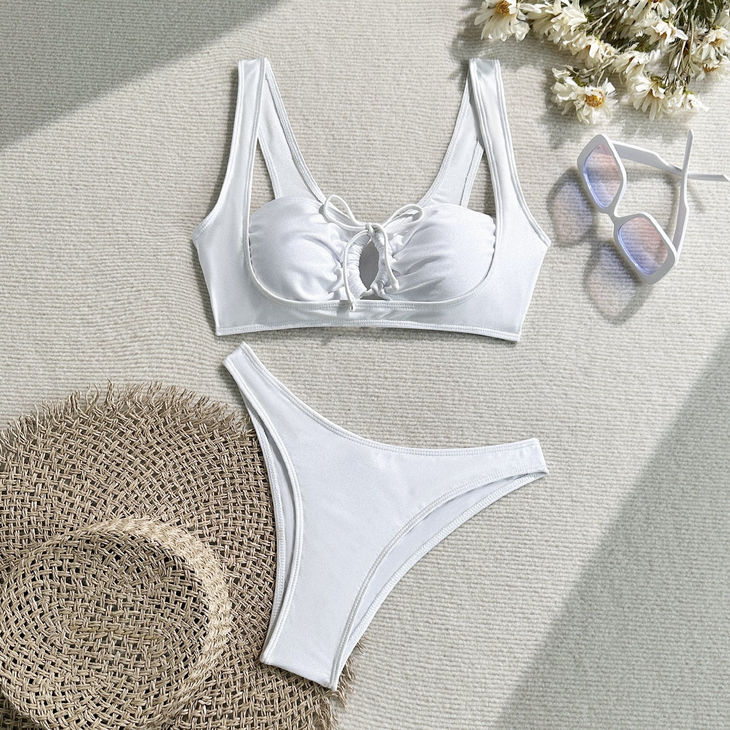 Solid Color Nylon Cutout Lace Split Bikini Swimsuit for Women