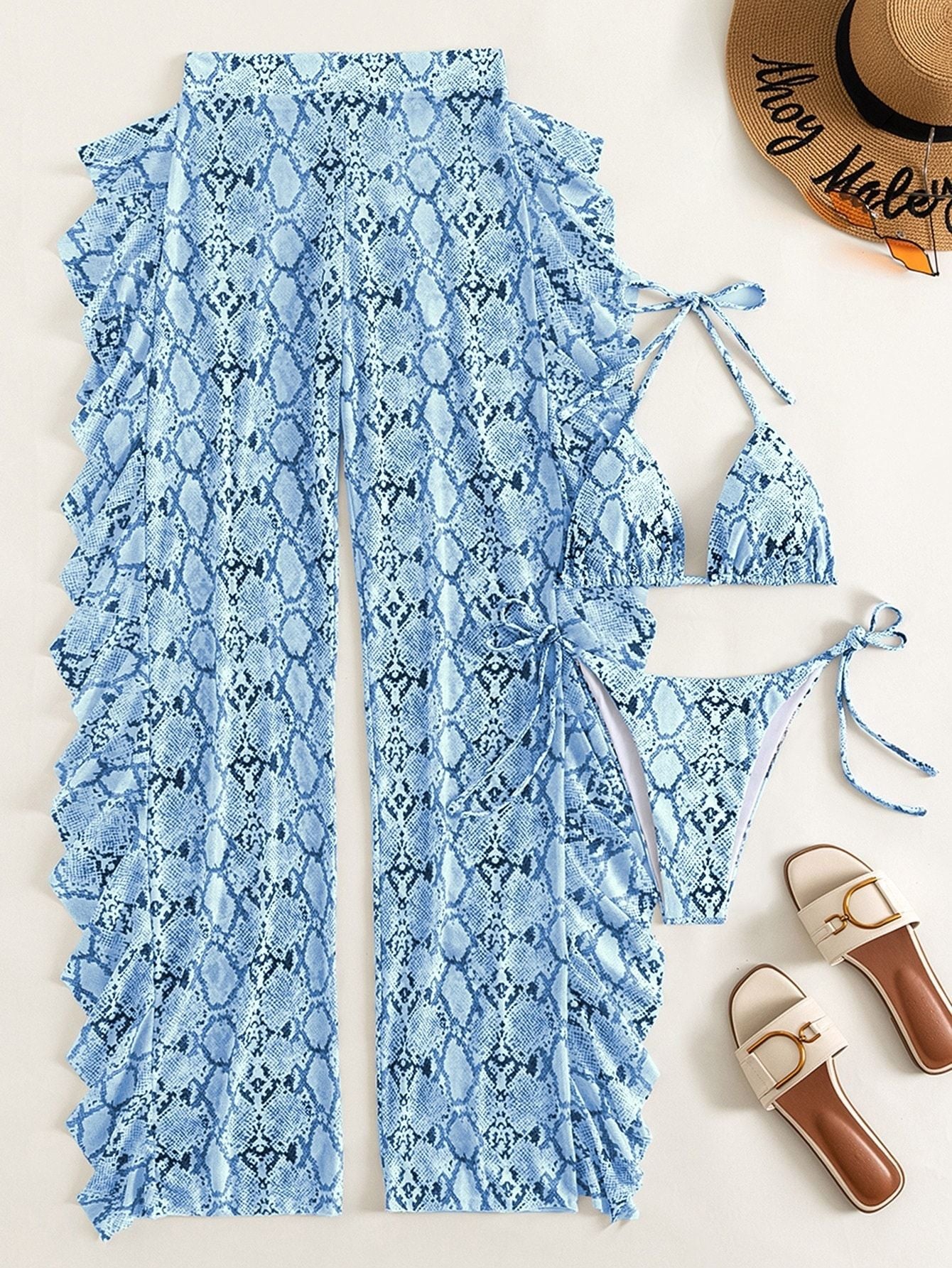 Snakeskin Mesh Bikini Set with Sheer Beach Trousers 3 Piece