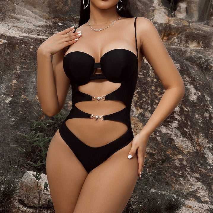 Women's Solid Color Cutout Strap One Piece Bikini Swimsuit