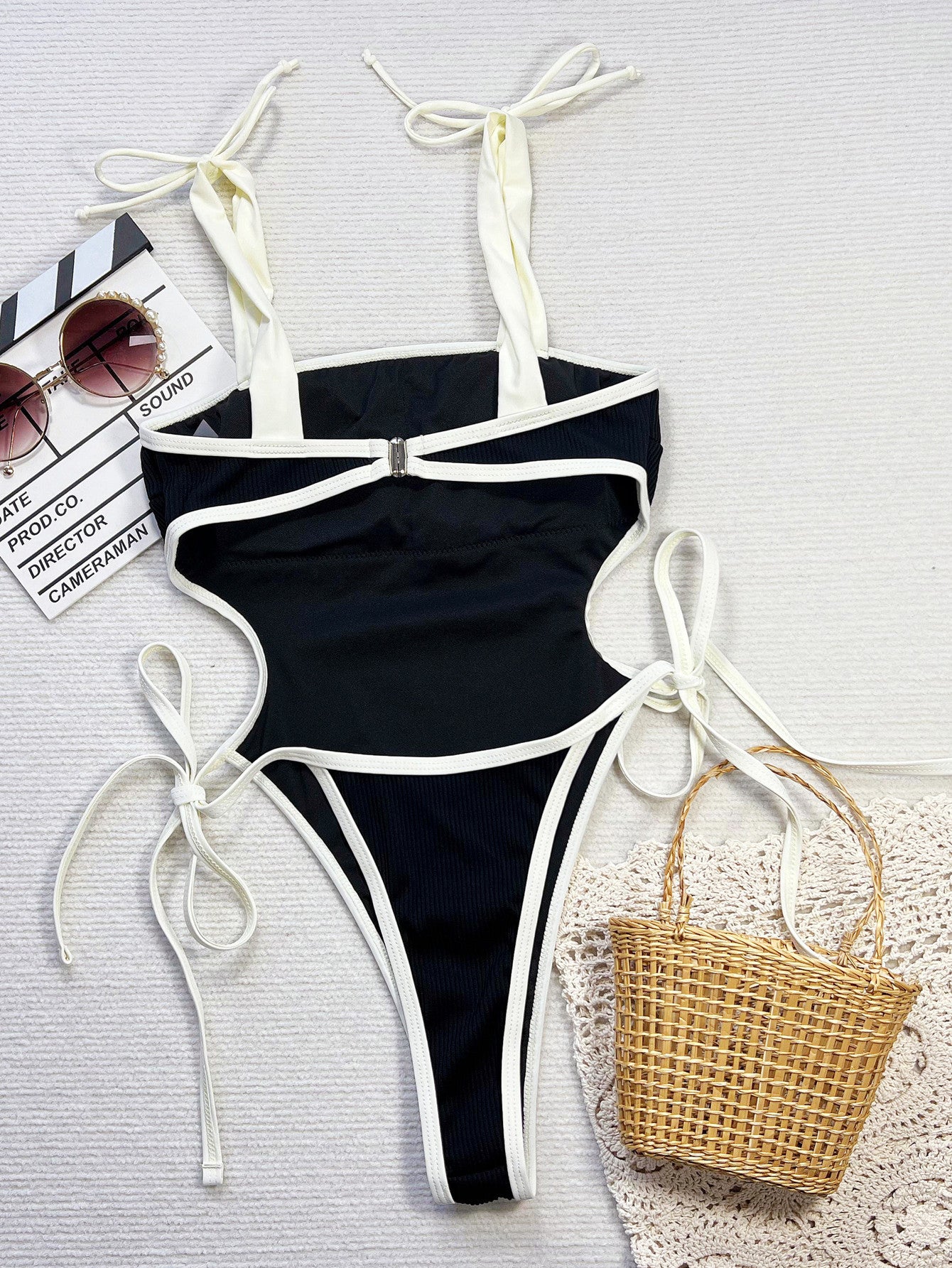White and Coffee Cutout One Piece Swimsuit with Straps