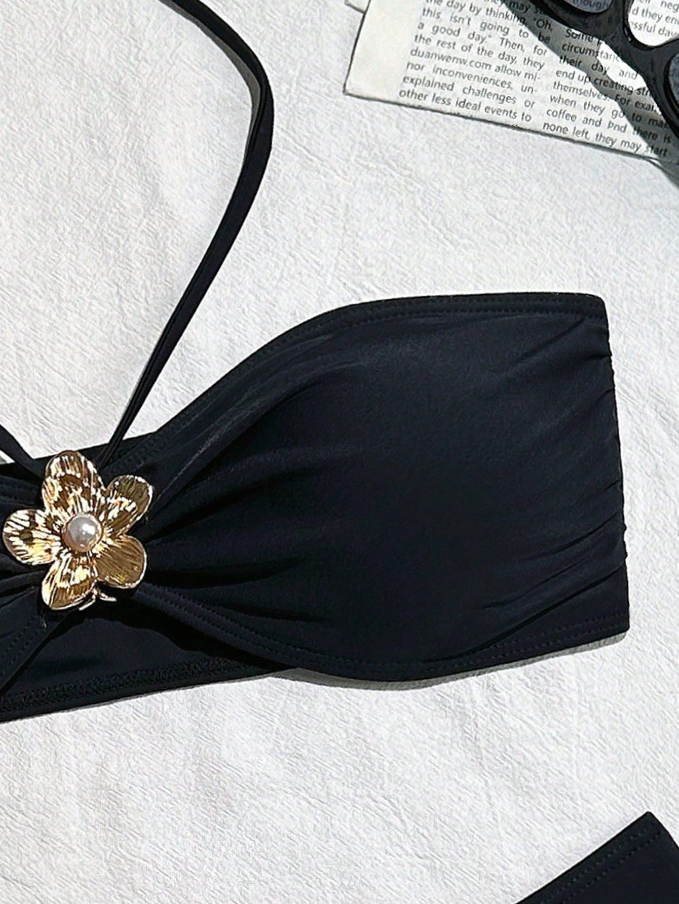 Solid Color Split Swimsuit Summer Halter Strap Bikini for Women