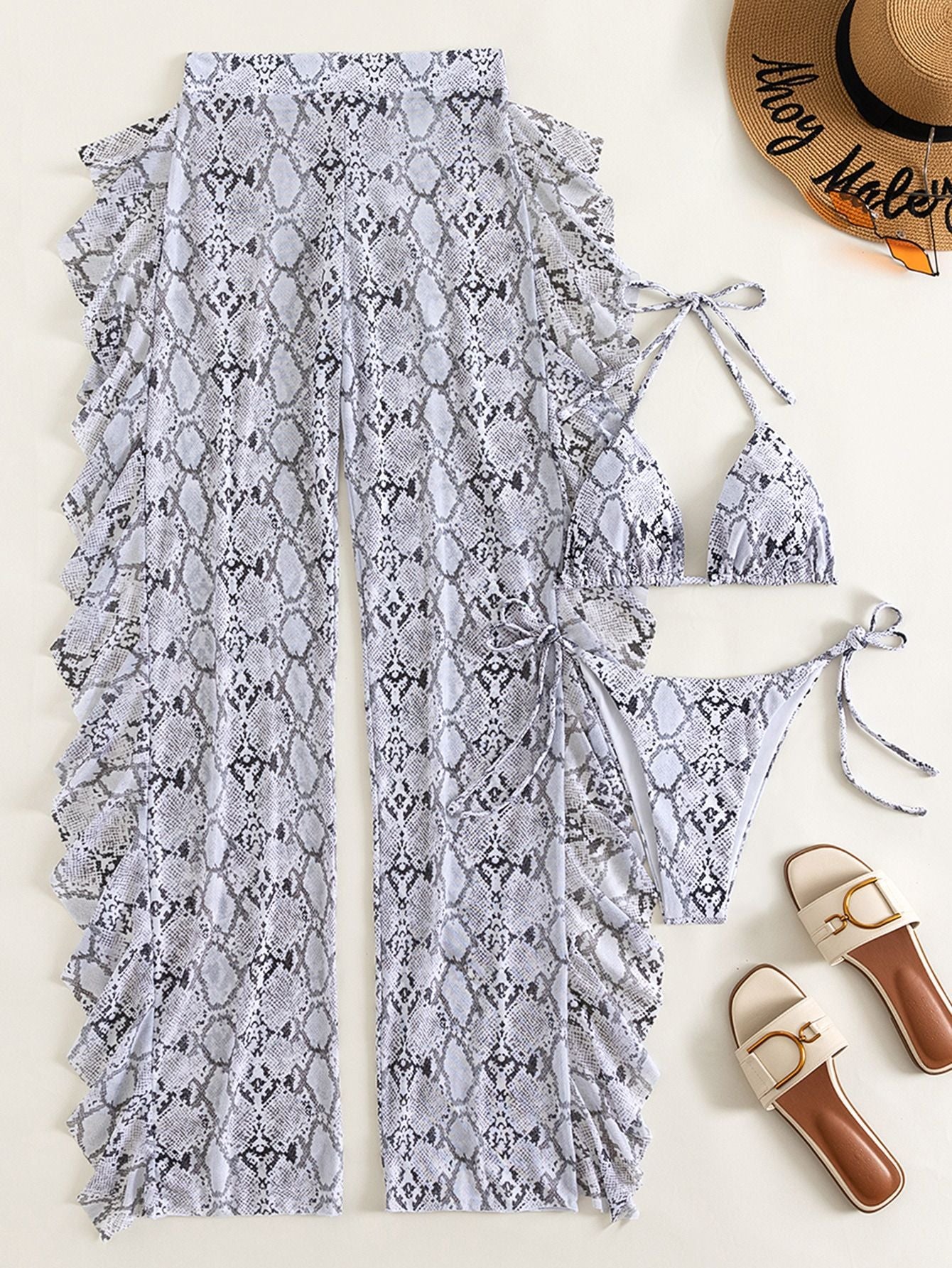 Snakeskin Mesh Bikini Set with Sheer Beach Trousers 3 Piece