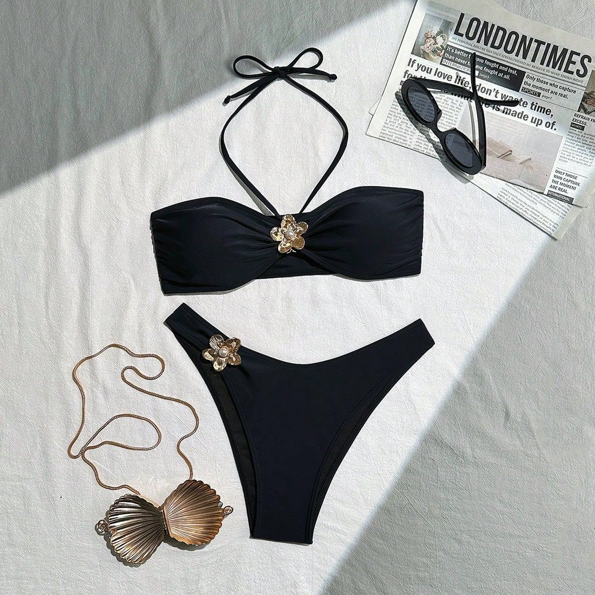 Solid Color Split Swimsuit Summer Halter Strap Bikini for Women