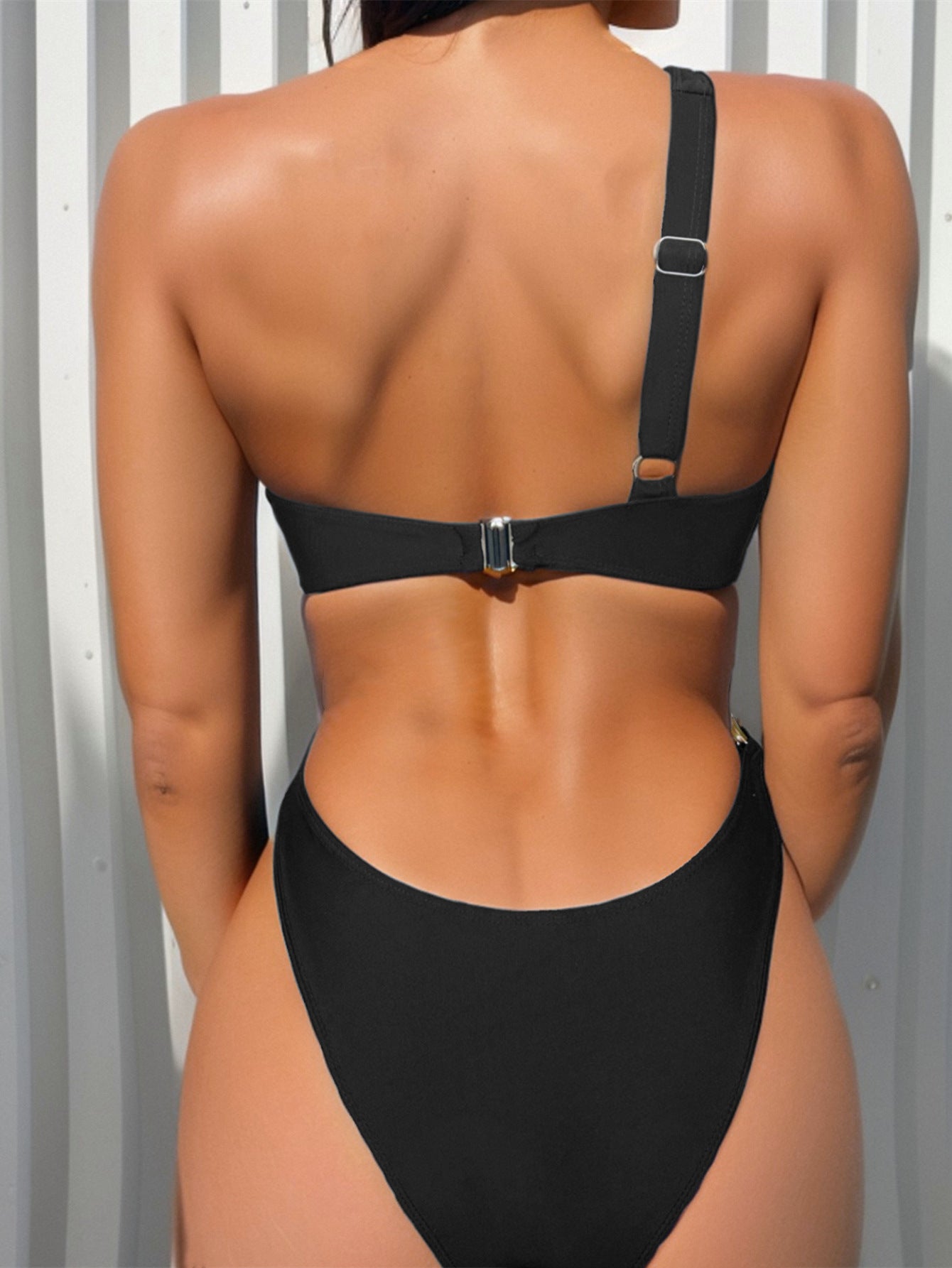 One Shoulder Backless Solid Color Double Bikini Swimsuit Women