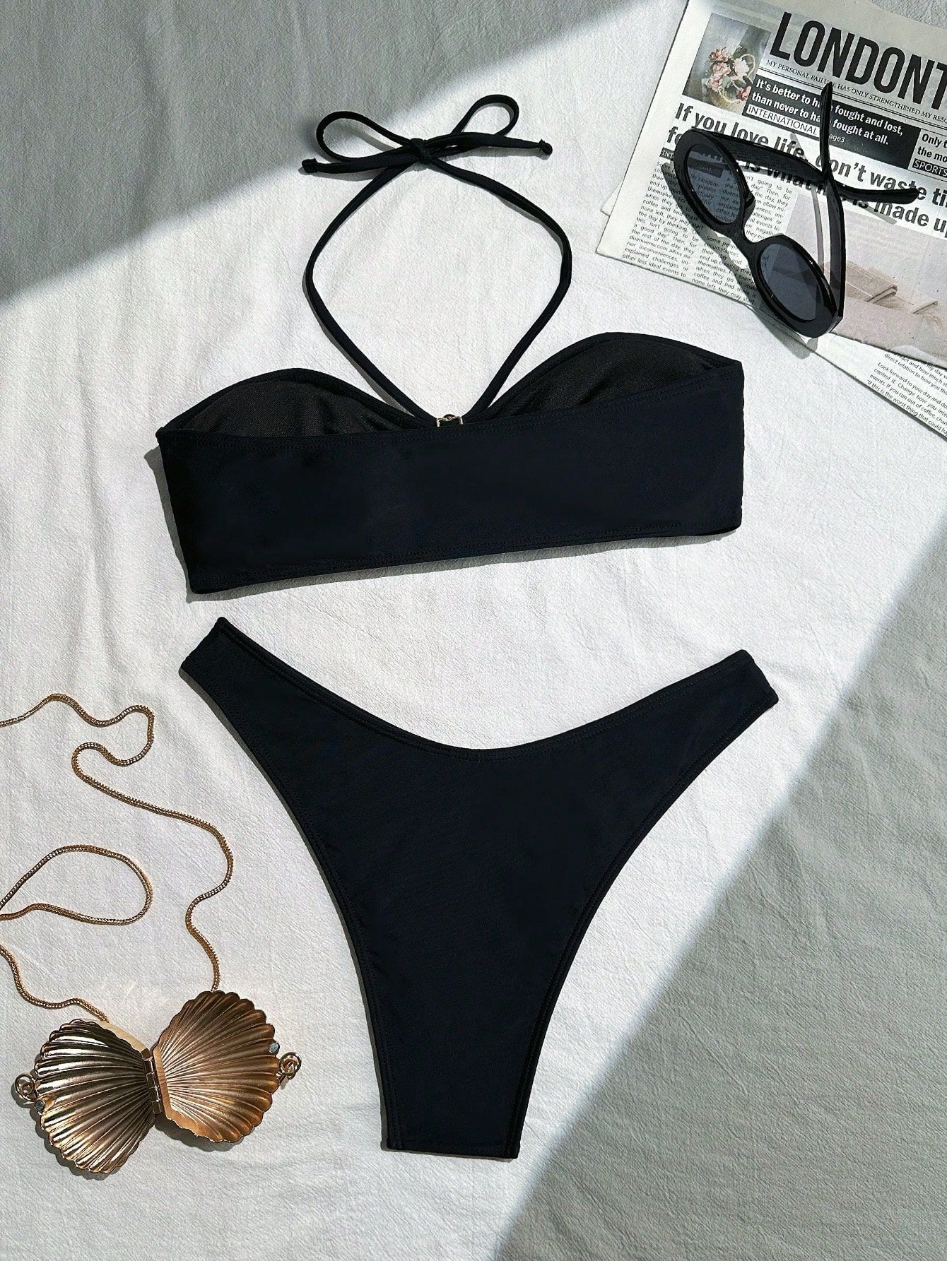 Solid Color Split Swimsuit Summer Halter Strap Bikini for Women