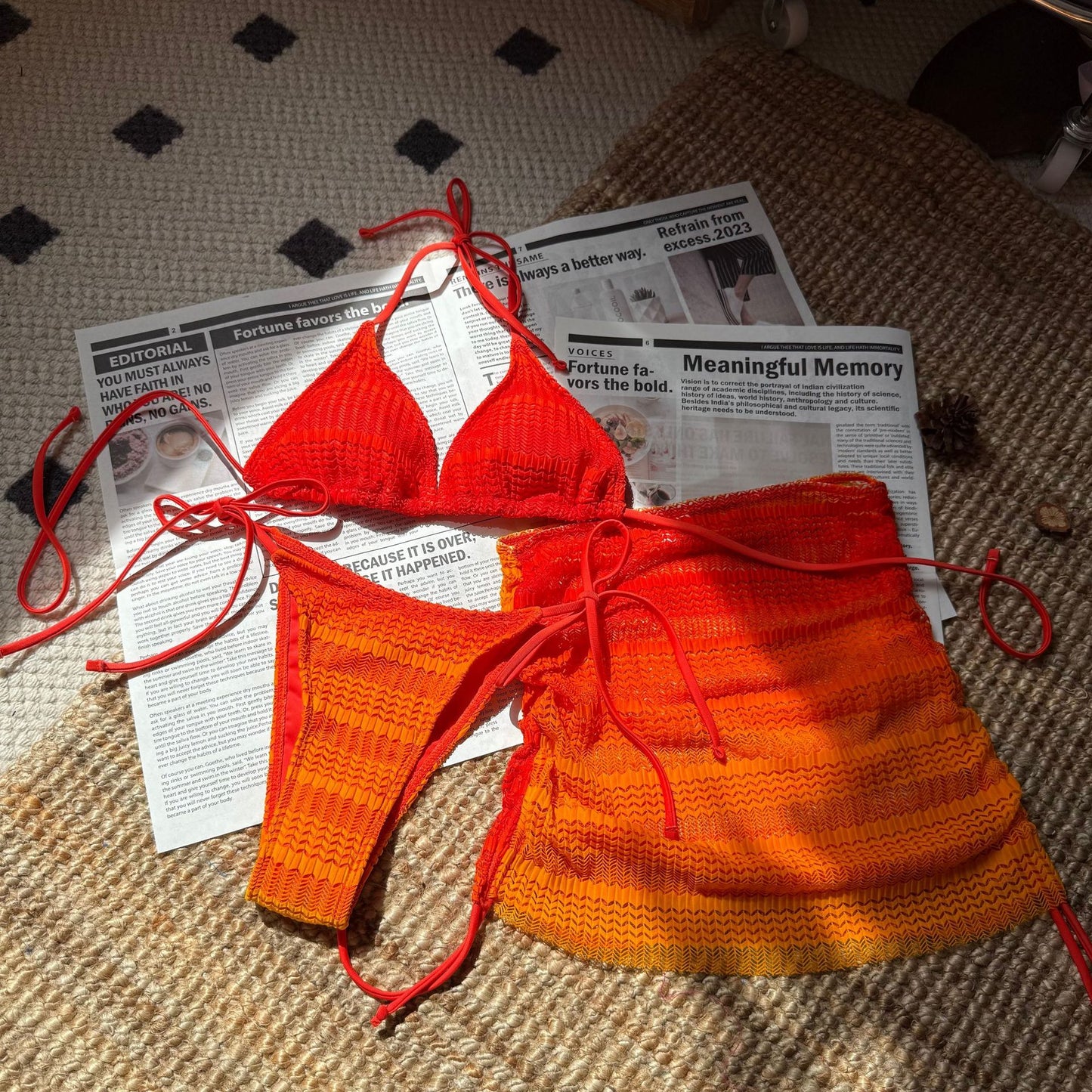 Gradient Mesh Three Piece Bikini Set with Beach Skirt for Women