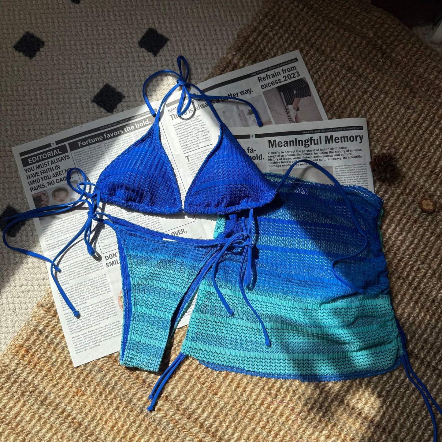 Gradient Mesh Three Piece Bikini Set with Beach Skirt for Women