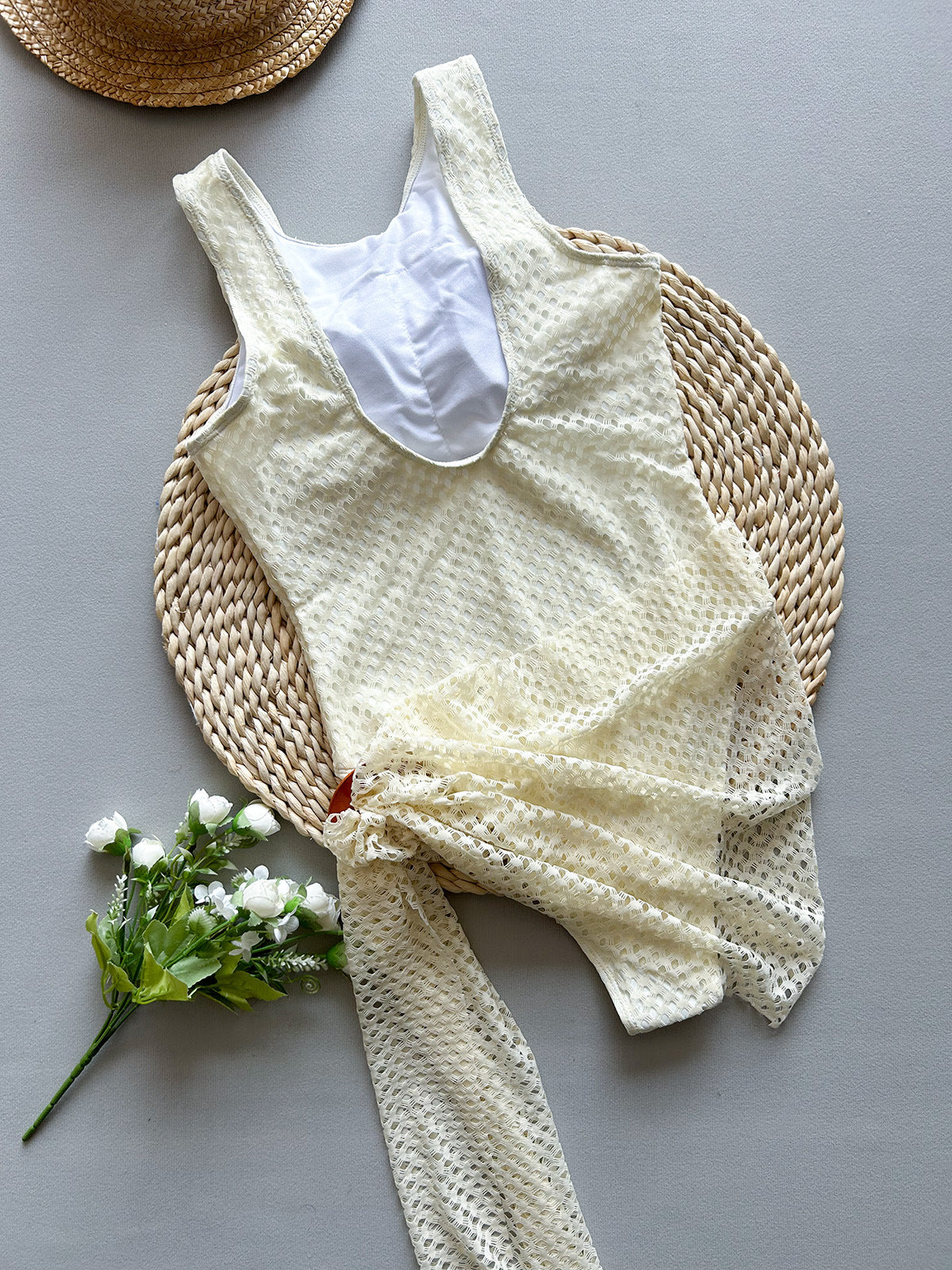 Solid Color Bikini Set with Mesh Beach Dress Cover Up