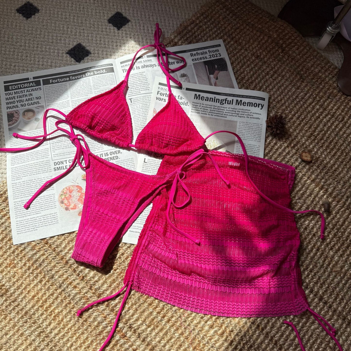 Gradient Mesh Three Piece Bikini Set with Beach Skirt for Women