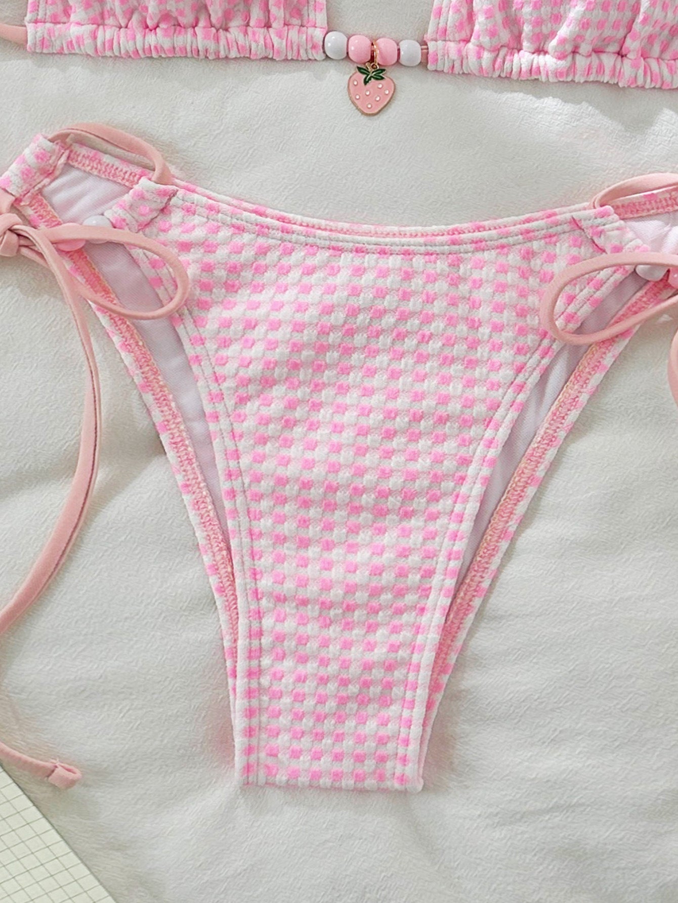 Womens Pink Split Swimsuit Lace Up Two Piece Bikini Set