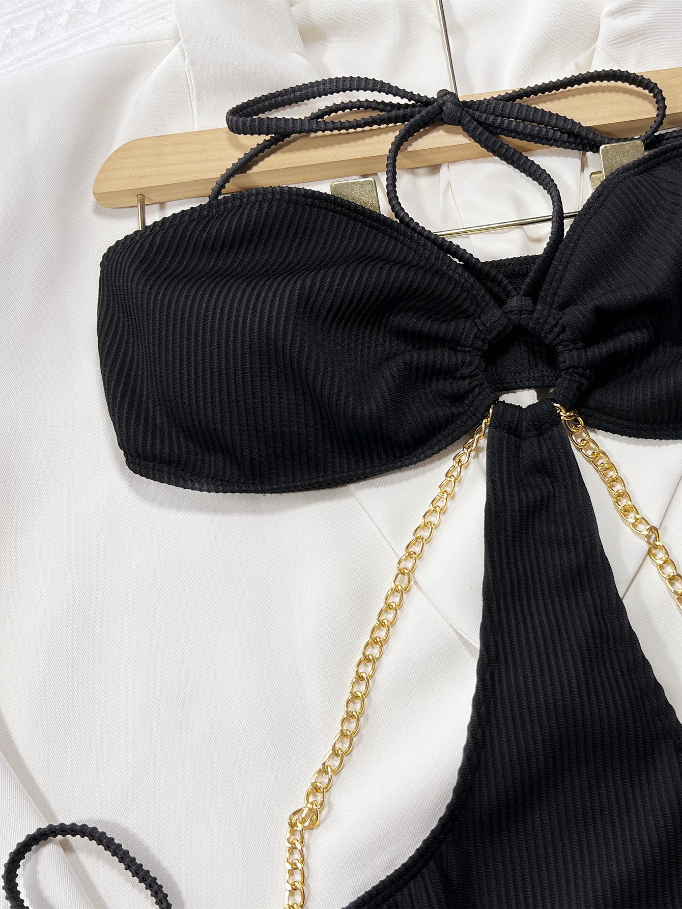 Solid Black Bikini Swimsuit with Gold Chain Detail for Women