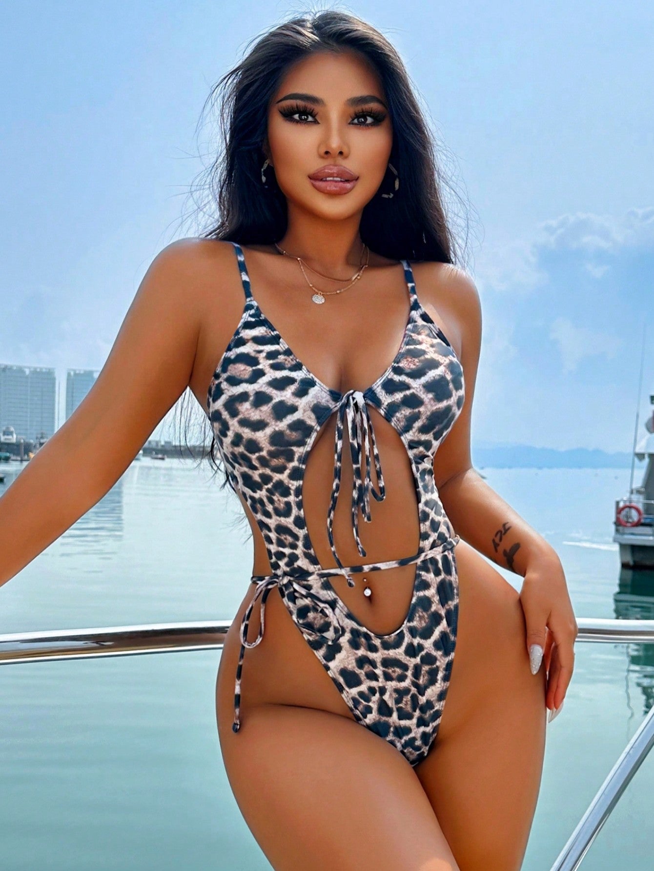 Leopard Print Lace-Up Swimsuit for Women – Vacation Style