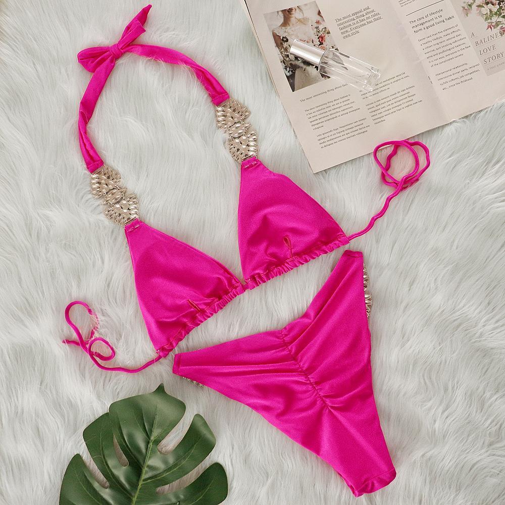 Solid Color Metal Diamond Bandage Split Bikini Swimsuit