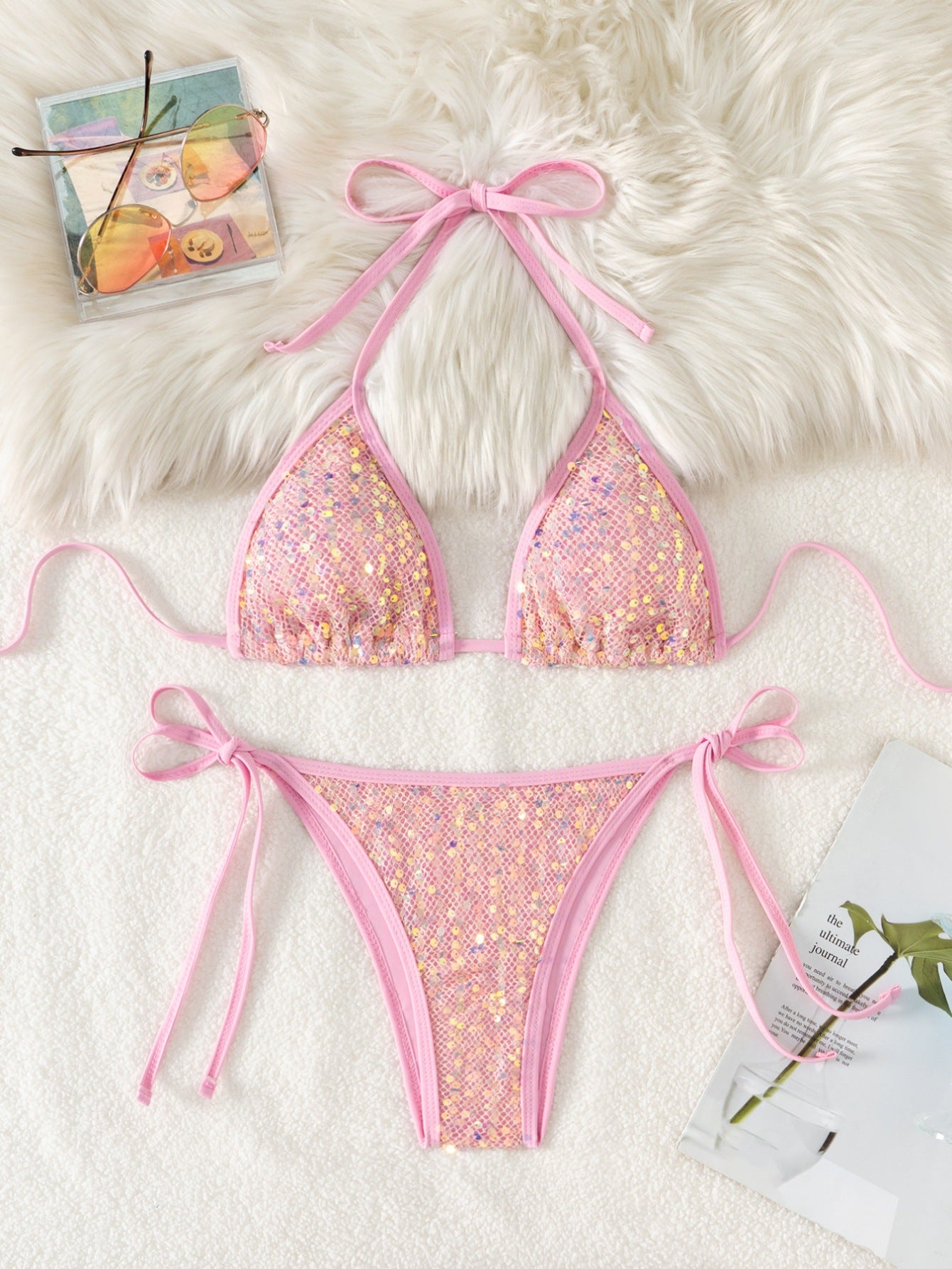 Women’s Beaded Mesh Sequin Split Bikini Swimsuit Set