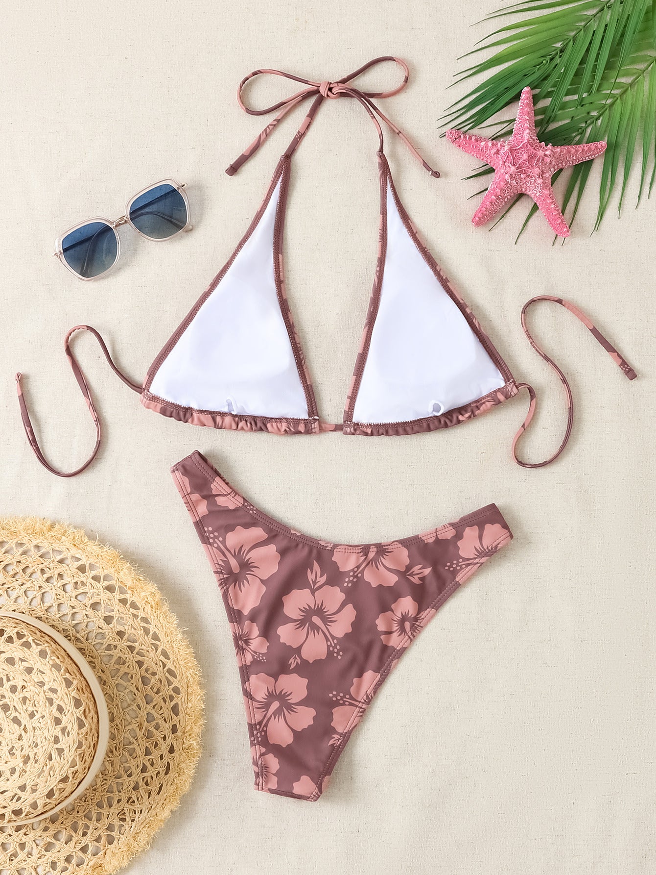 Triangle Cup Print Low Waist Split Bikini Swimsuit for Women