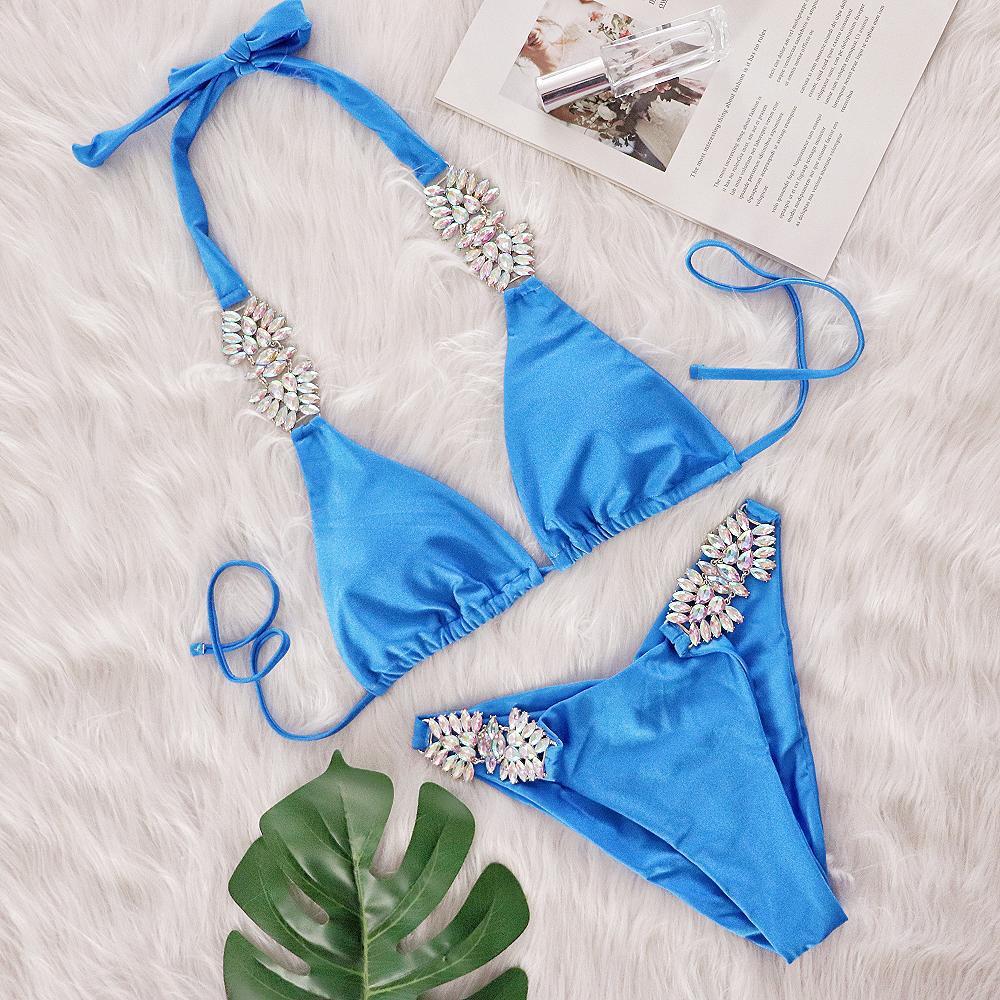 Solid Color Metal Diamond Bandage Split Bikini Swimsuit