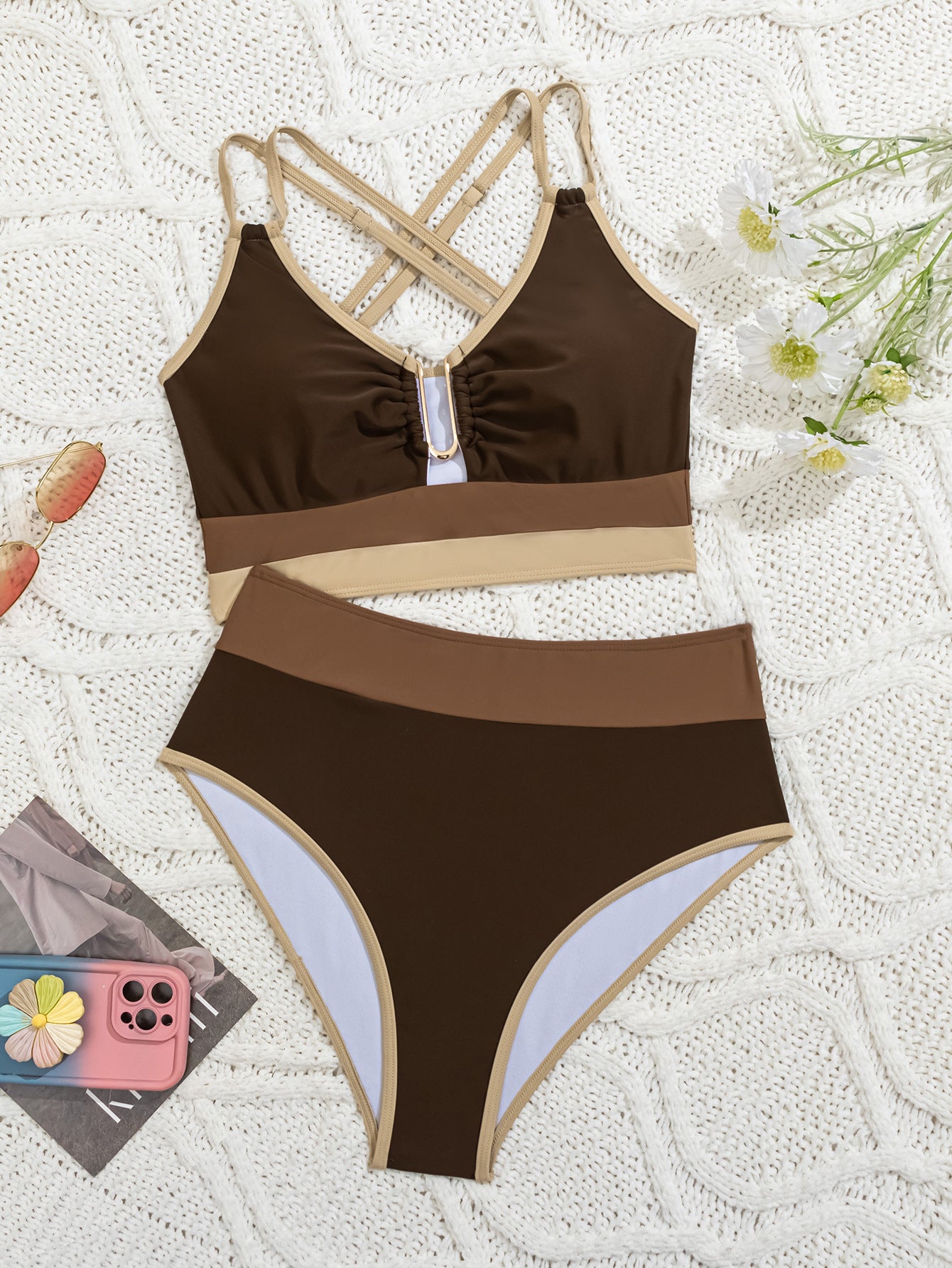 Color Block Double Strap High Waist Bikini Split Swimsuit Women