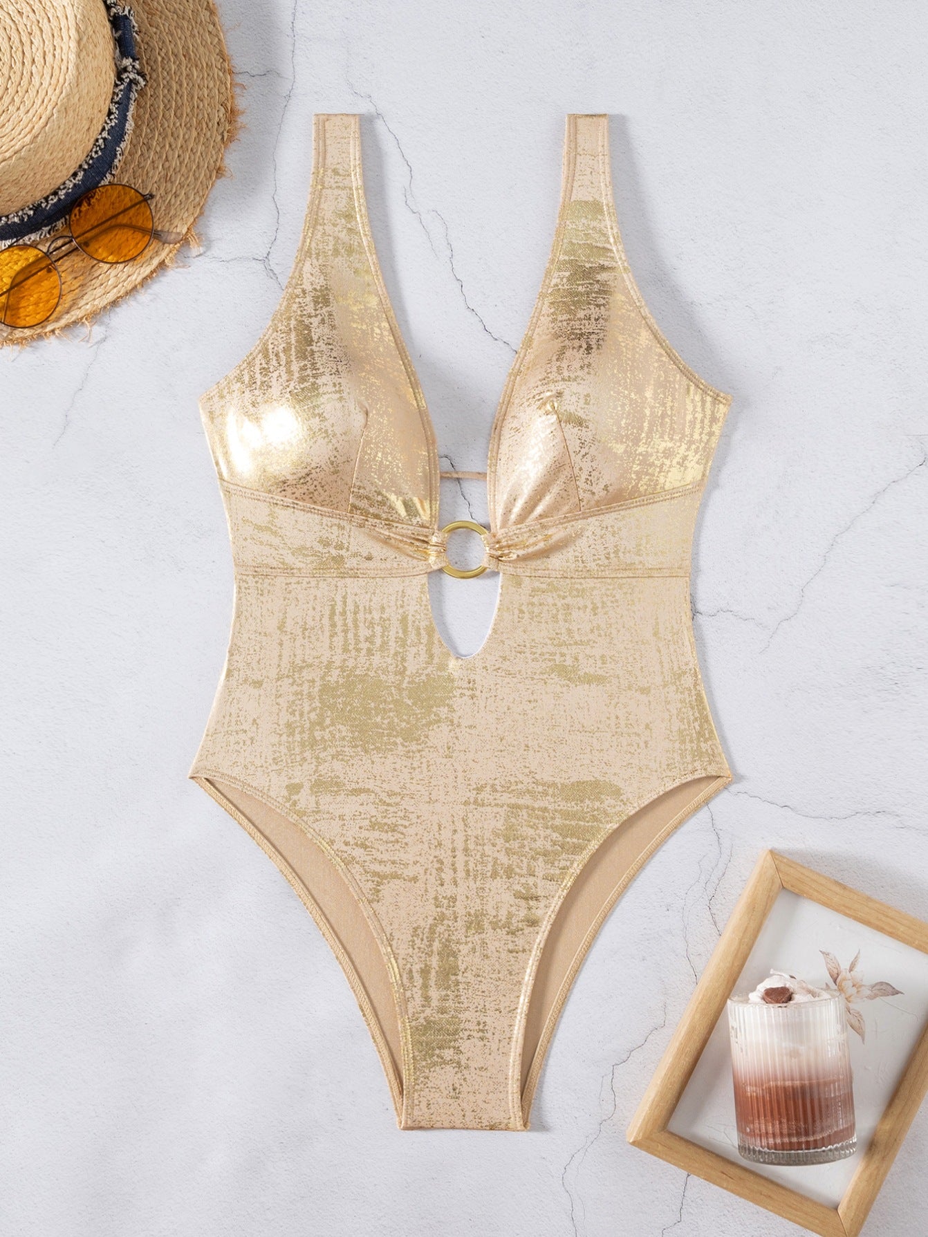 Shiny One Piece Swimsuit with Deep V Plunge and Lace-Up Back