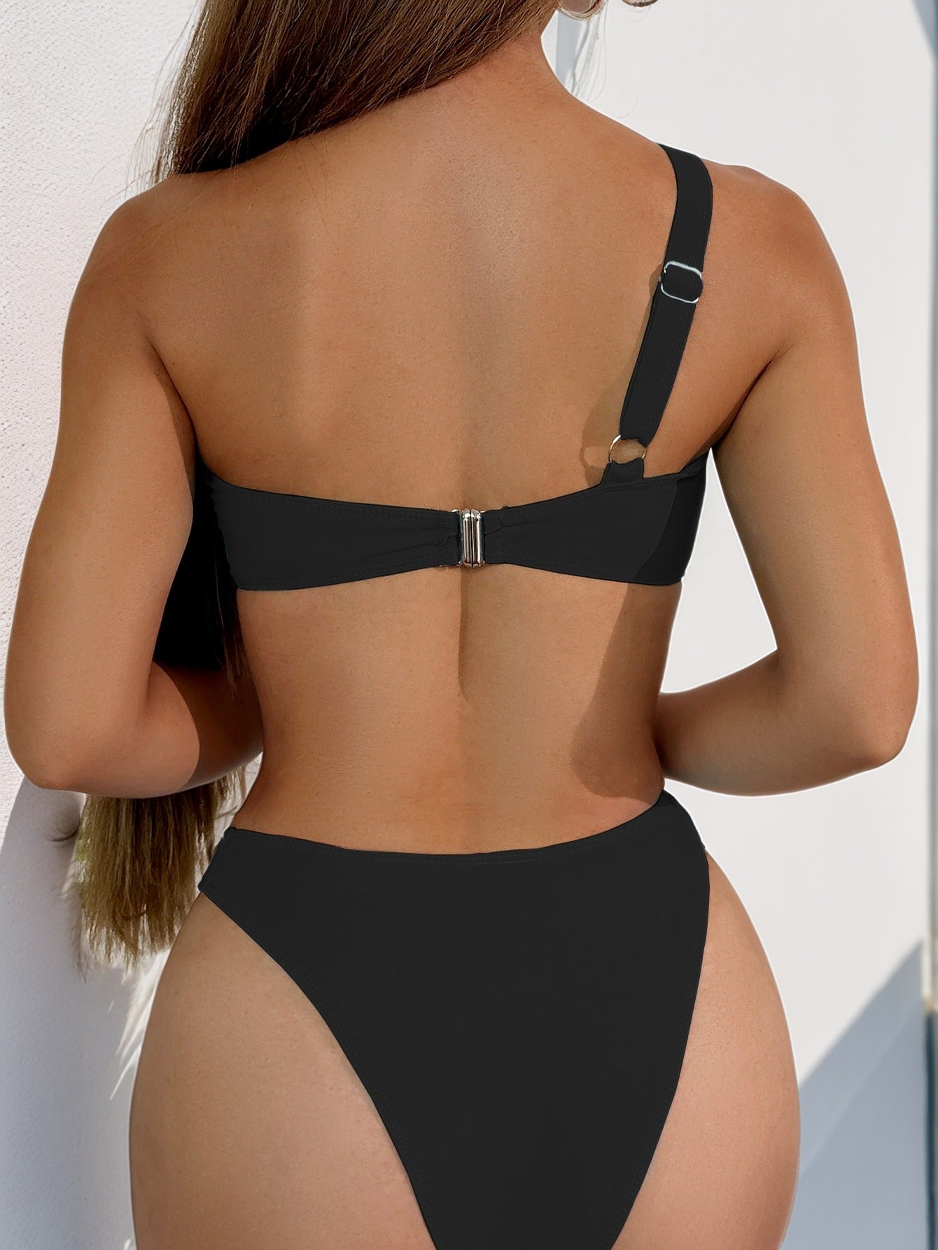One Shoulder Backless Solid Color Double Bikini Swimsuit Women