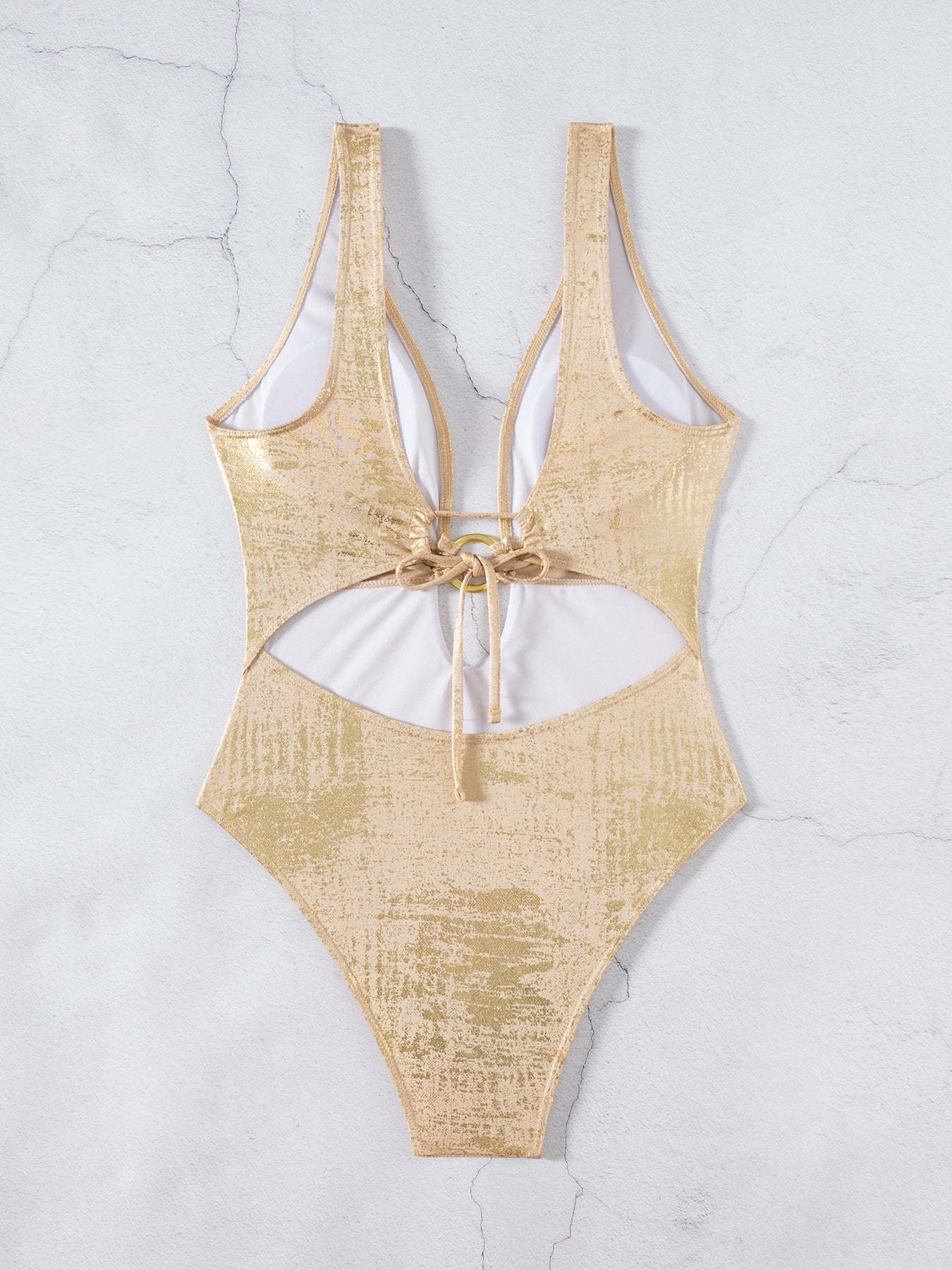 Shiny One Piece Swimsuit with Deep V Plunge and Lace-Up Back