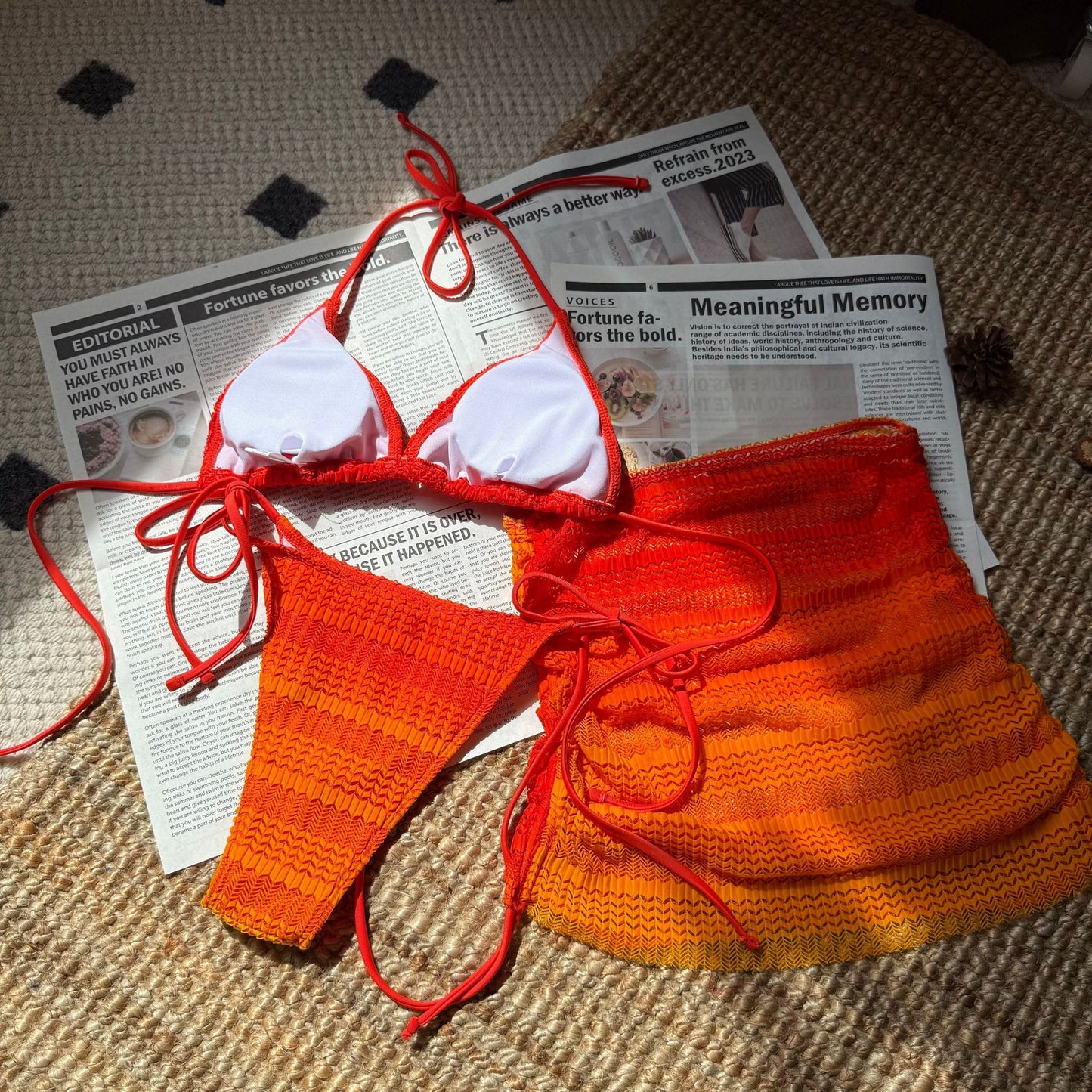 Gradient Mesh Three Piece Bikini Set with Beach Skirt for Women