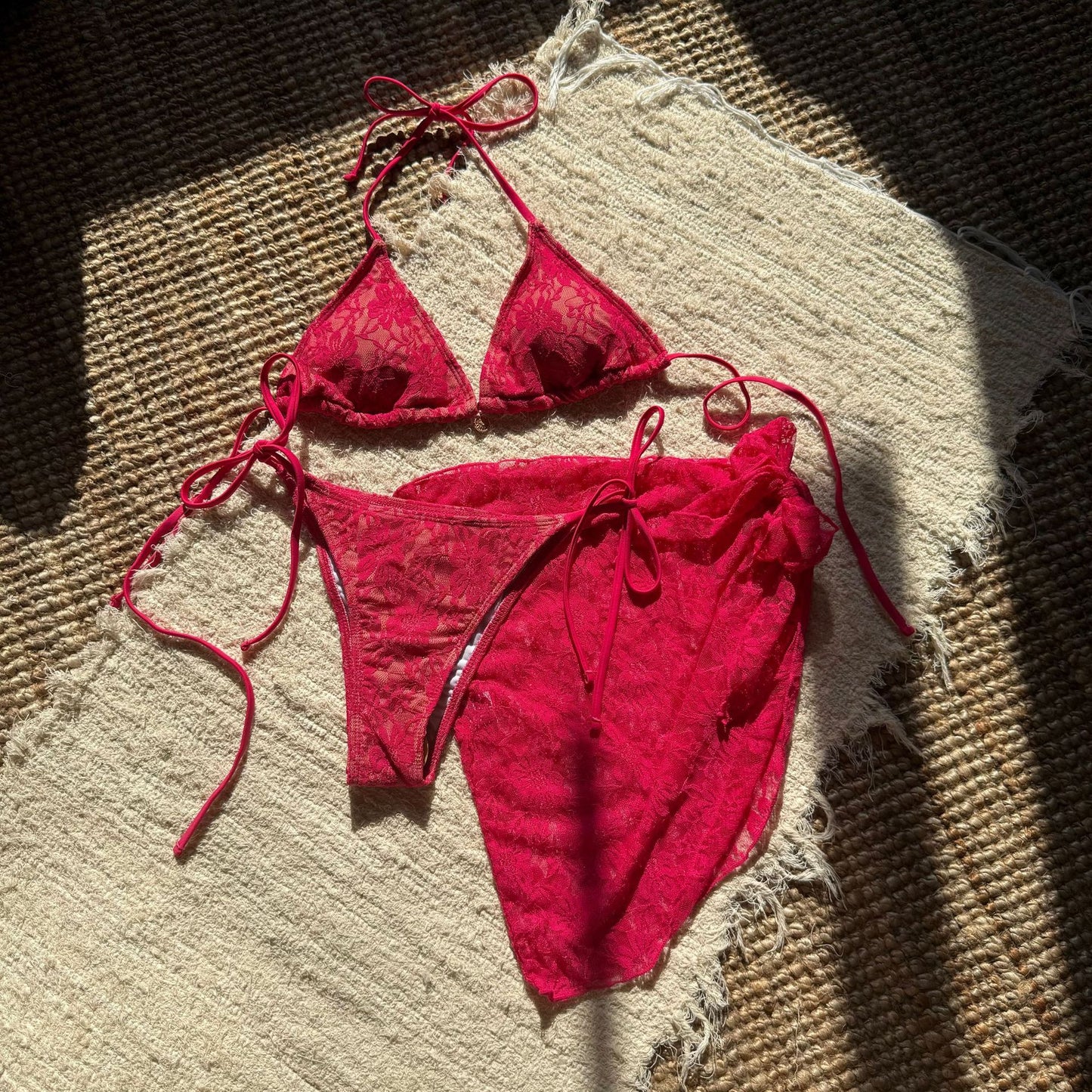 Lace Mesh Three Piece Swimsuit Bikini Set with Skirt Cover